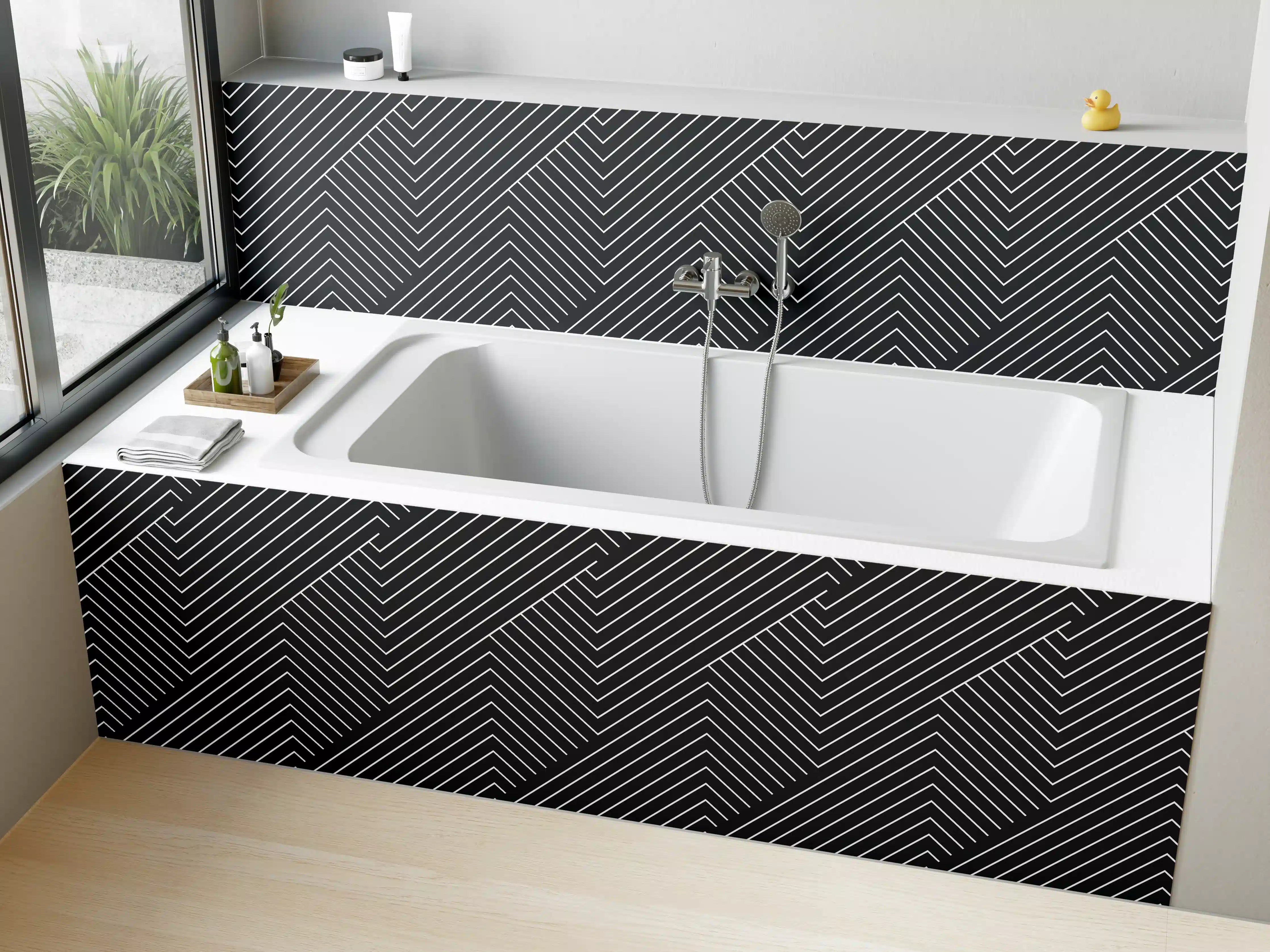 Badewannen-Rückwand - Graue Geometrie im Weiß