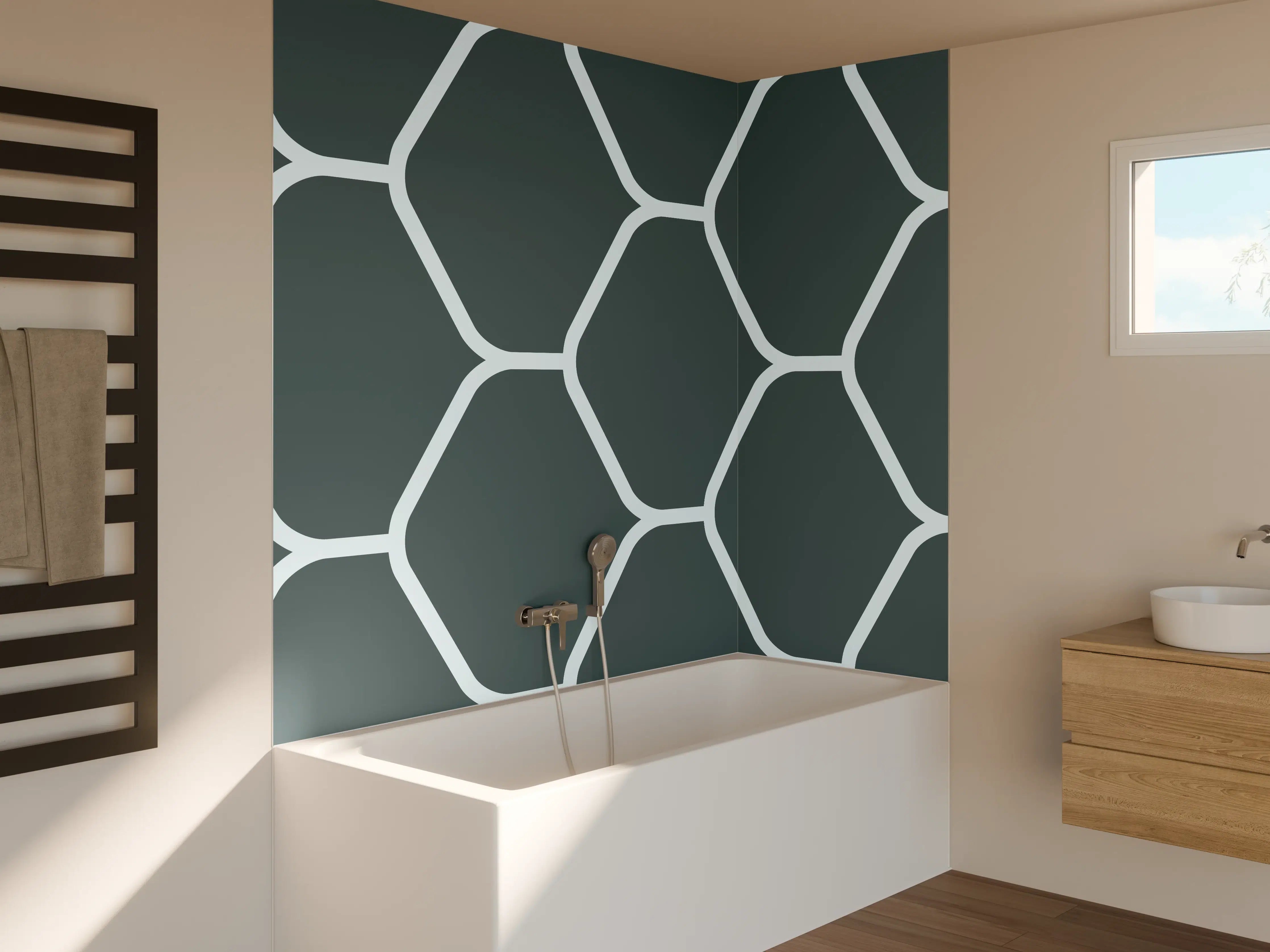 Badewannen-Rückwand - Graue Hexagon-Muster Tapete