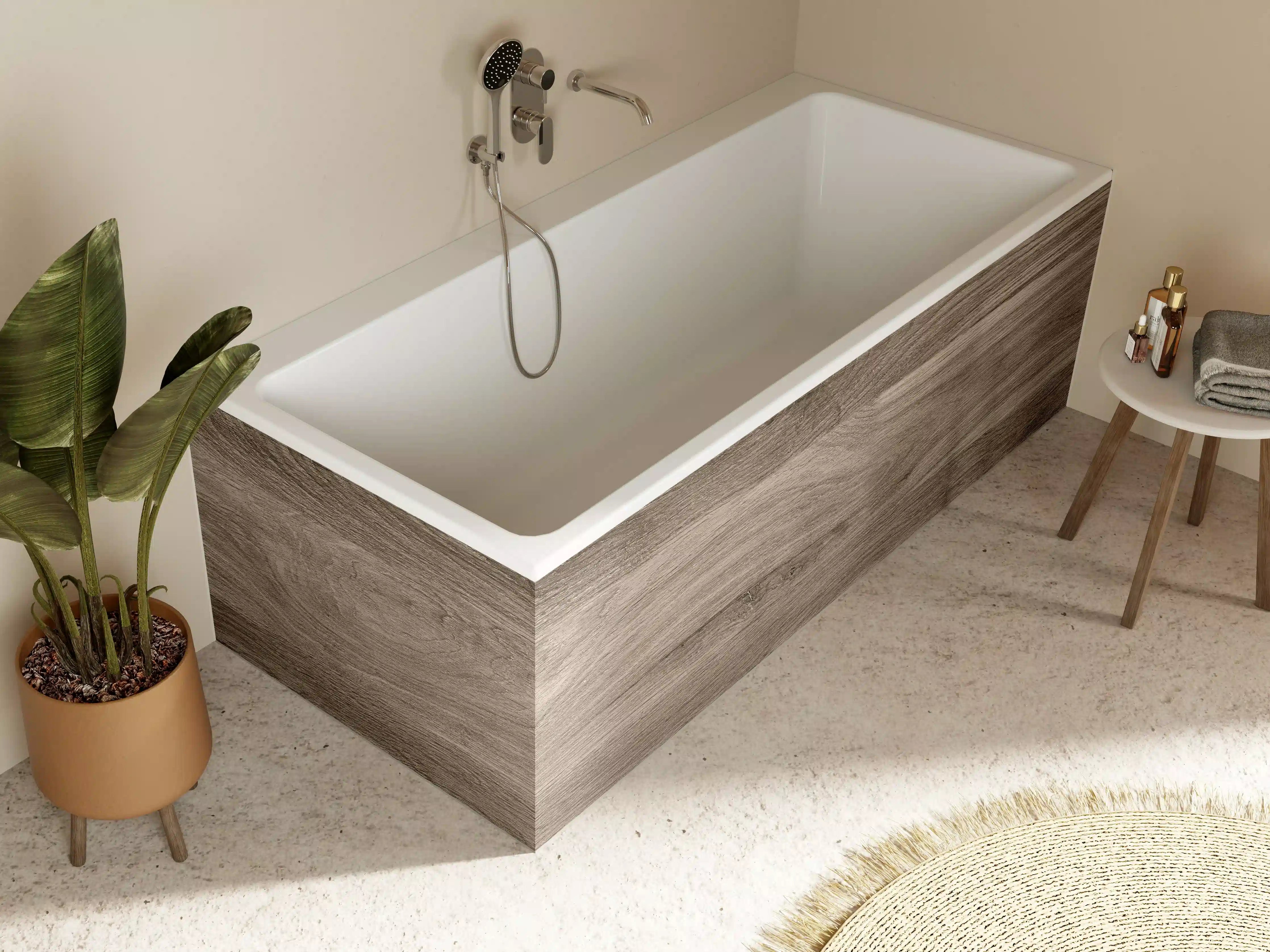 Badewannen-Rückwand - Graue Holzoptik in Weiß