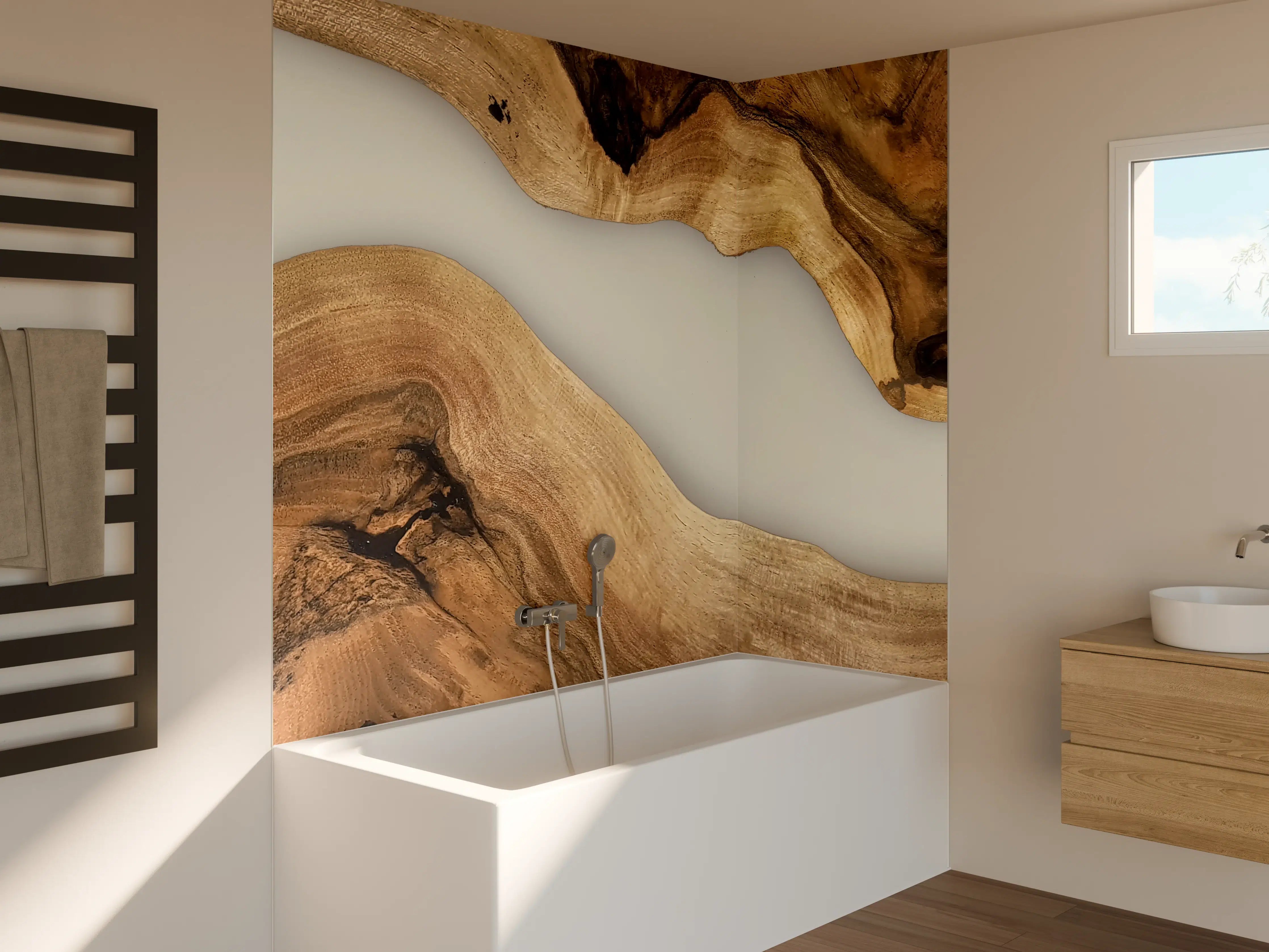 Badewannen-Rückwand - Graue Holzstruktur mit warmen Akzenten