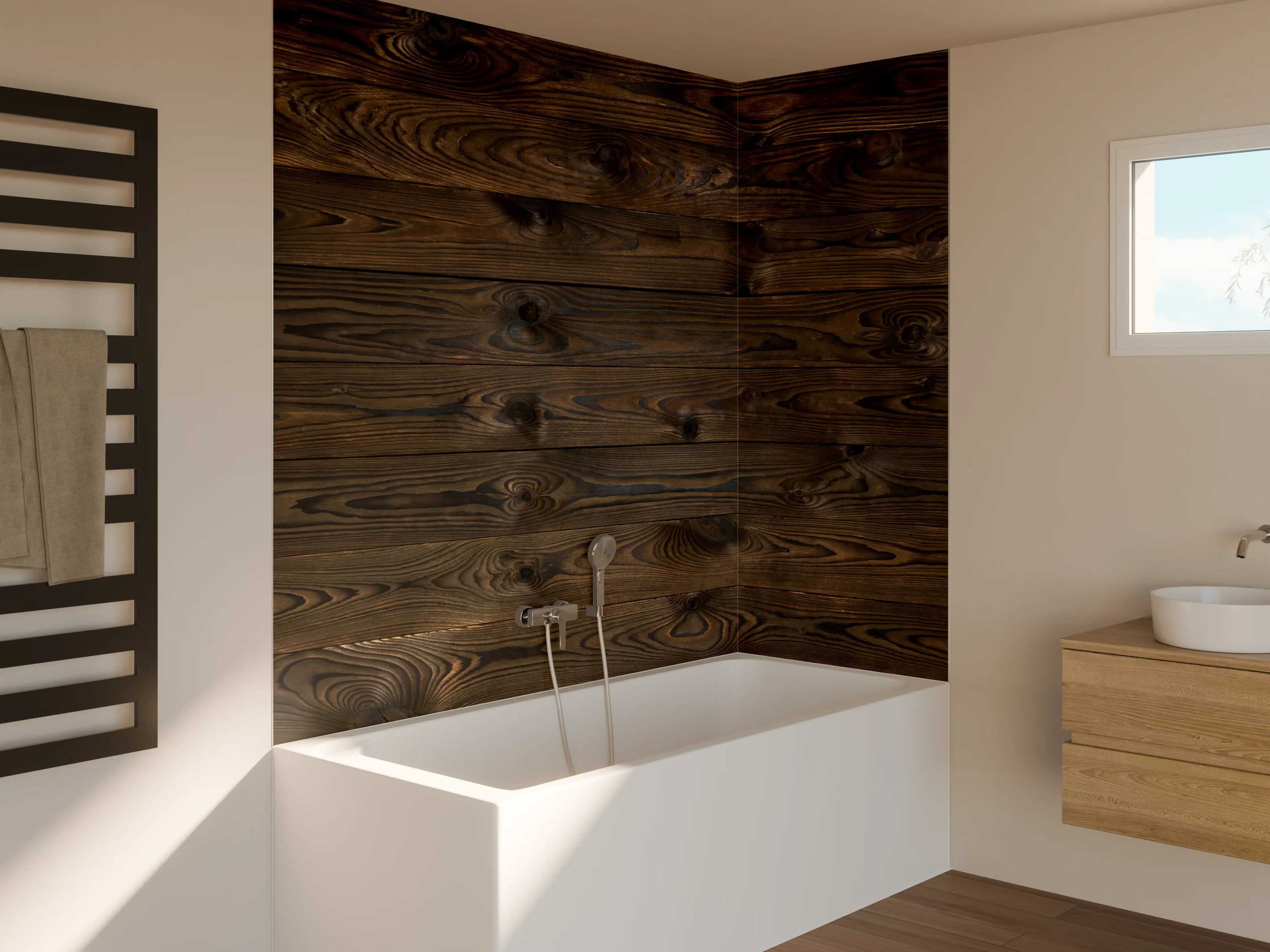 Badewannen-Rückwand - Graue Holzvertäfelung