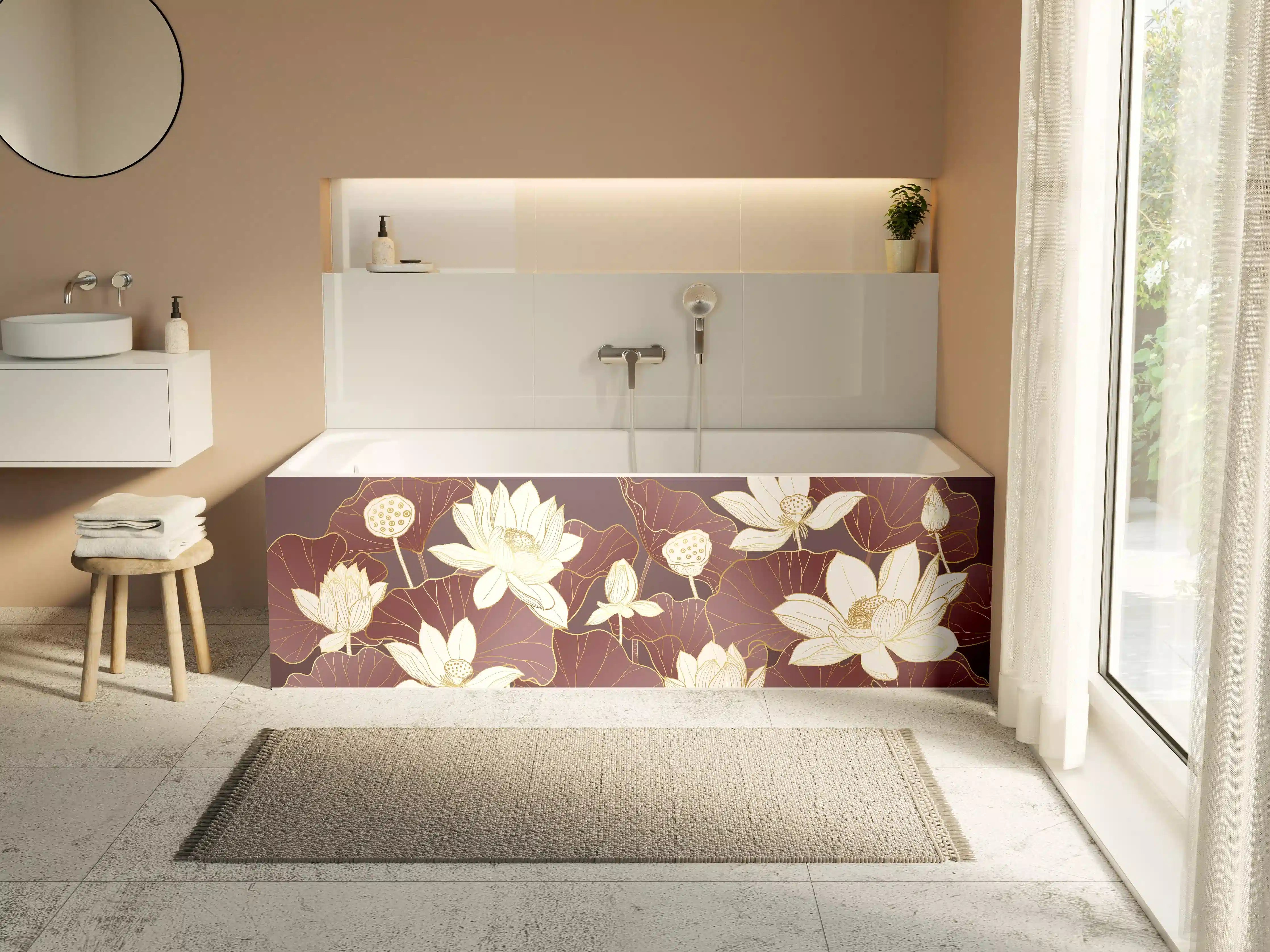 Badewannen-Rückwand - Graue Lotus auf Erdfarbenem Grund