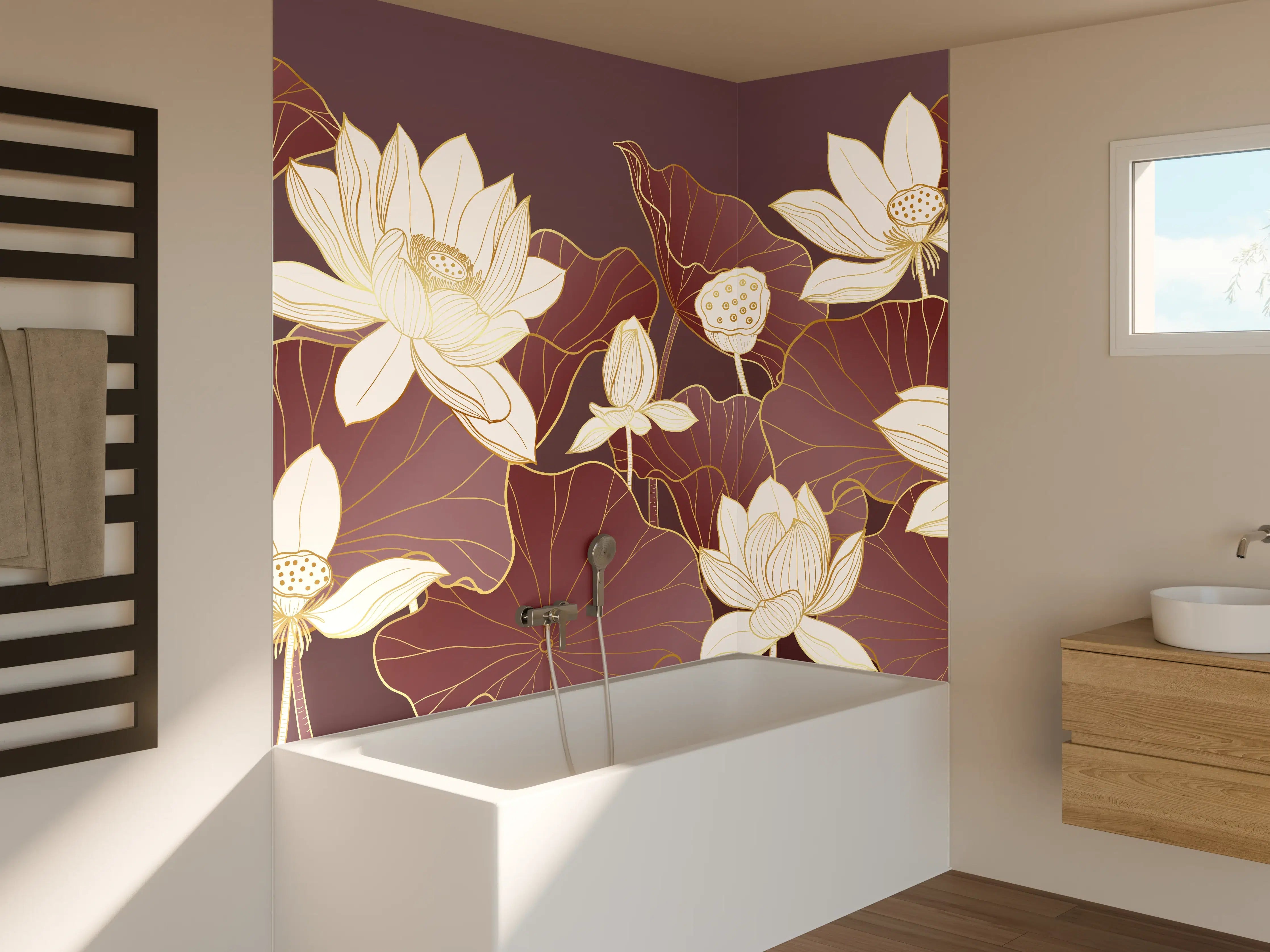 Badewannen-Rückwand - Graue Lotus auf Erdfarbenem Grund