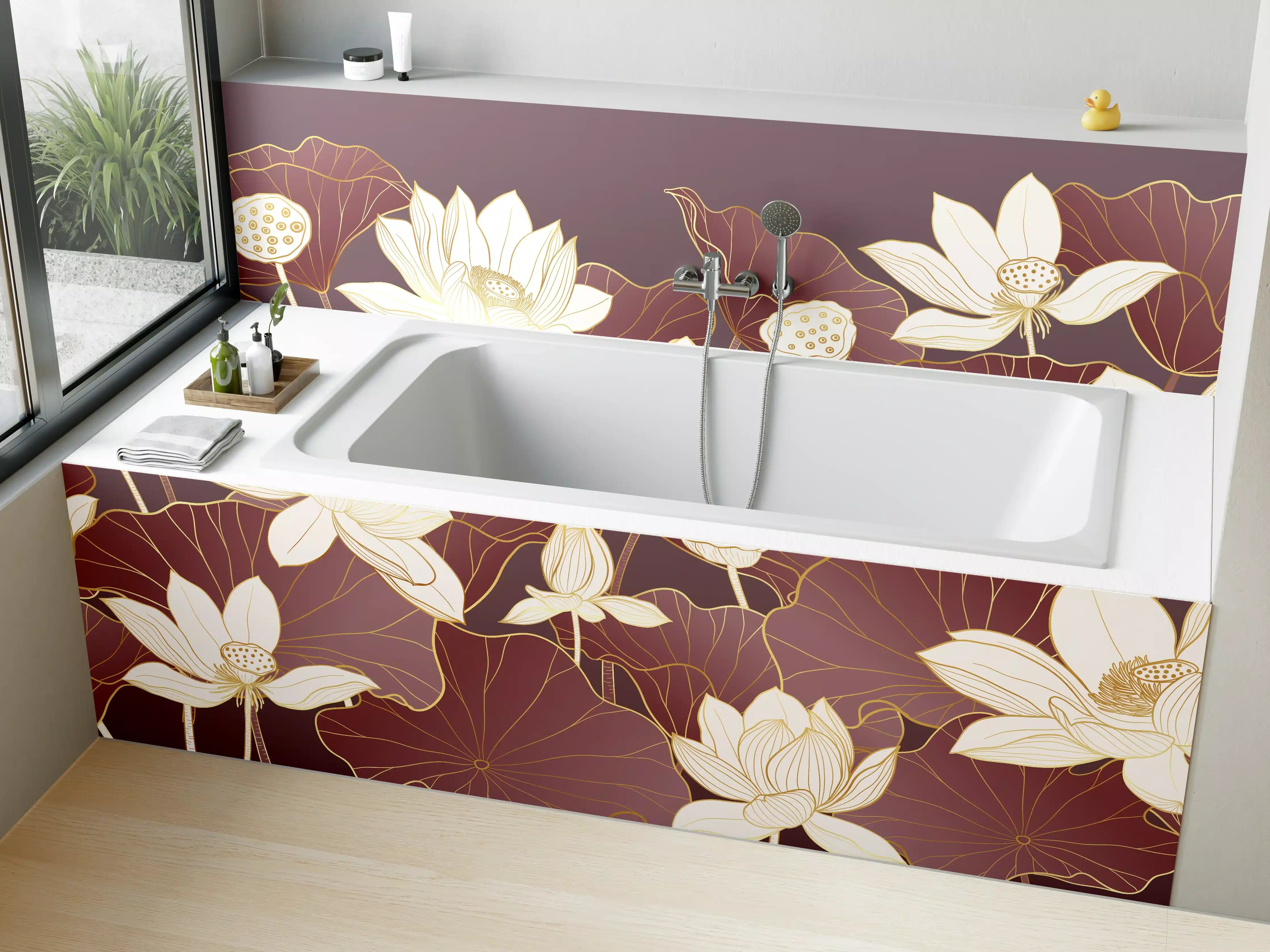 Badewannen-Rückwand - Graue Lotus auf Erdfarbenem Grund
