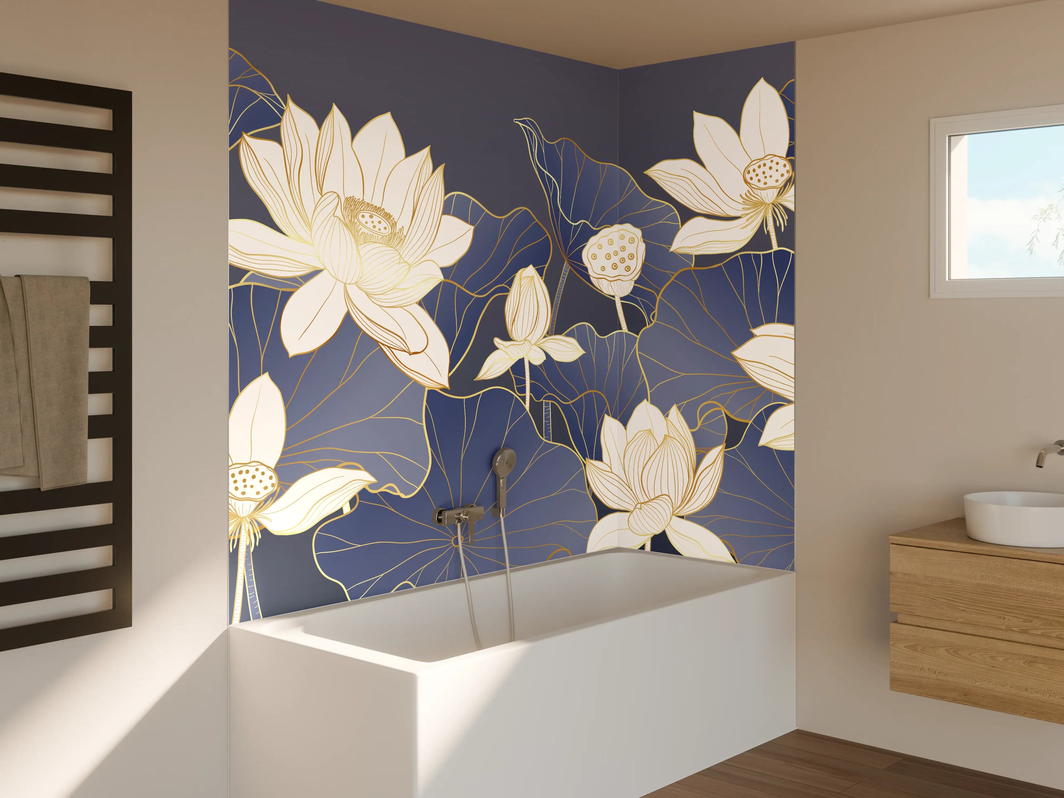Badewannen-Rückwand - Graue Lotus auf schwarzem Grund