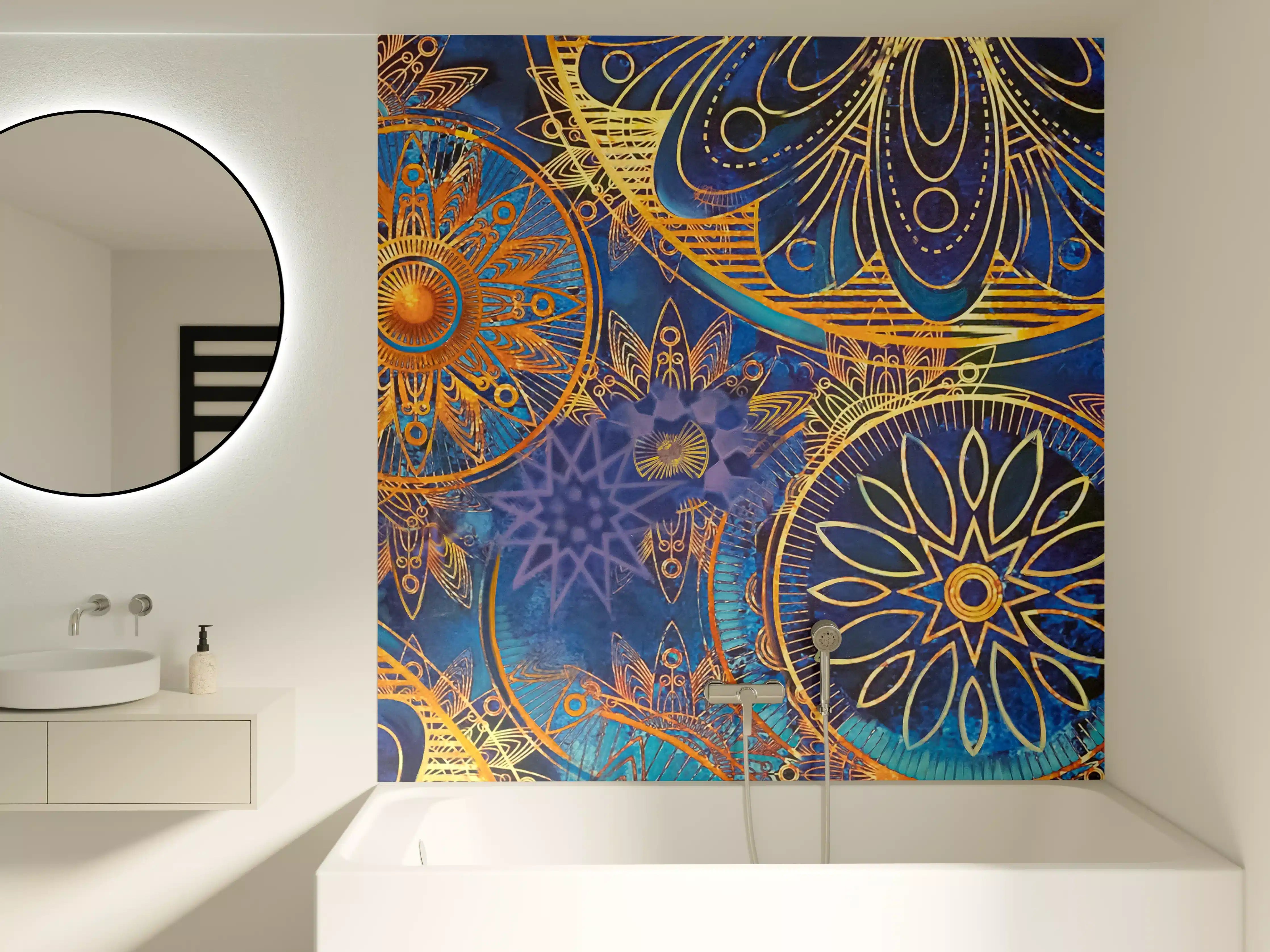 Badewannen-Rückwand - Graue Mandala-Kunst mit Golddetails
