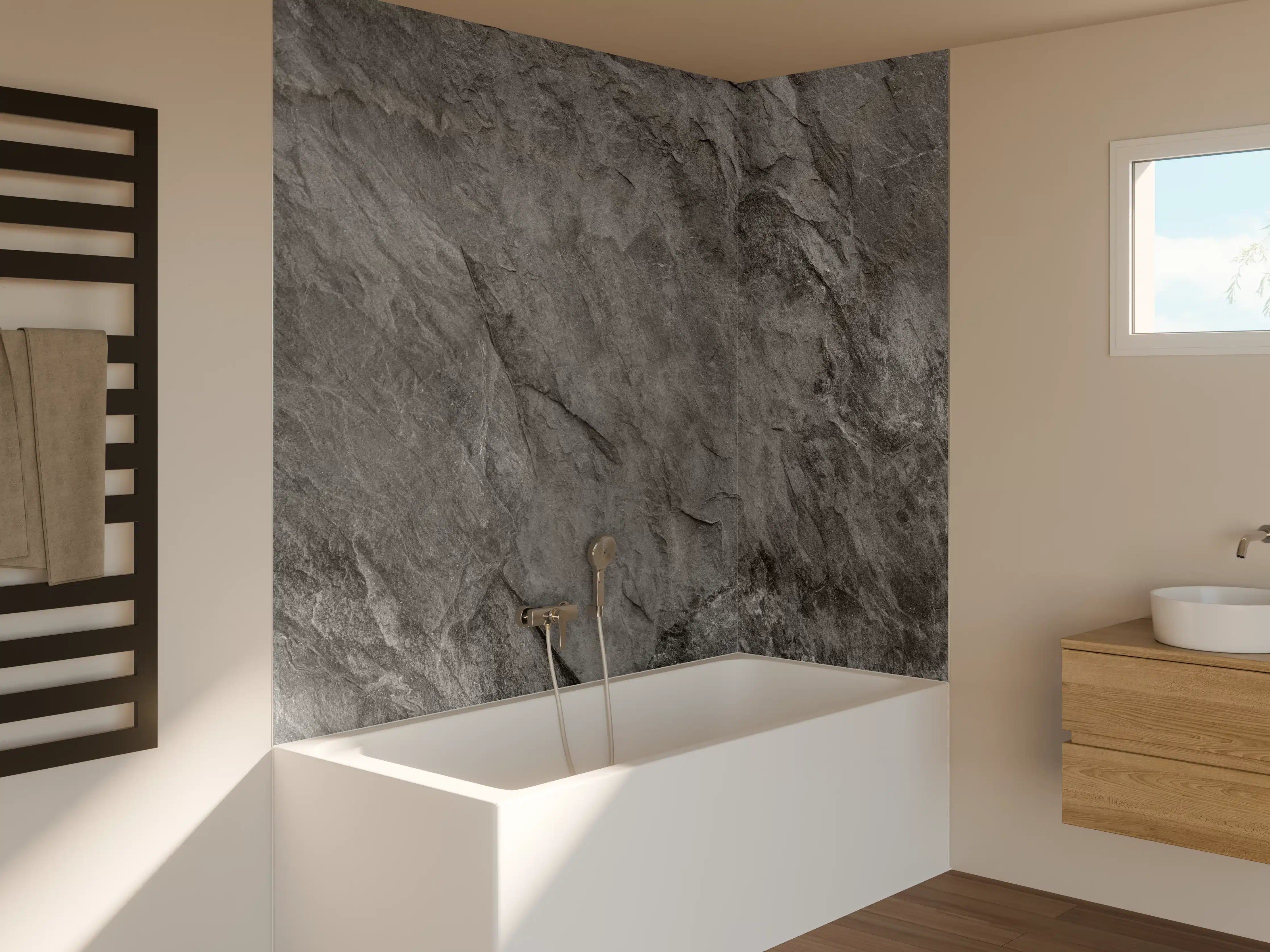 Badewannen-Rückwand - Graue Steintapete mit strukturierter Oberfläche