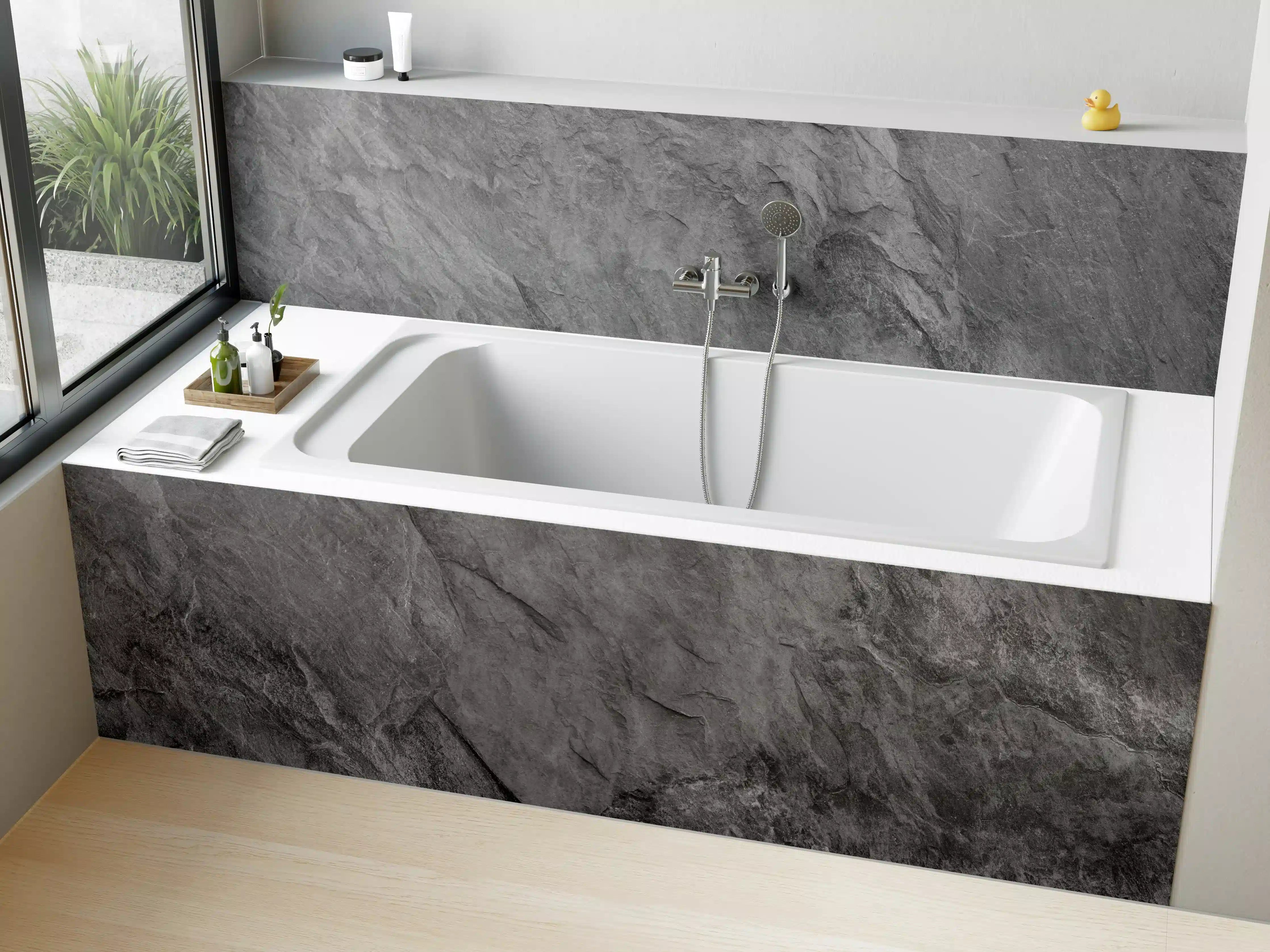 Badewannen-Rückwand - Graue Steintapete mit strukturierter Oberfläche