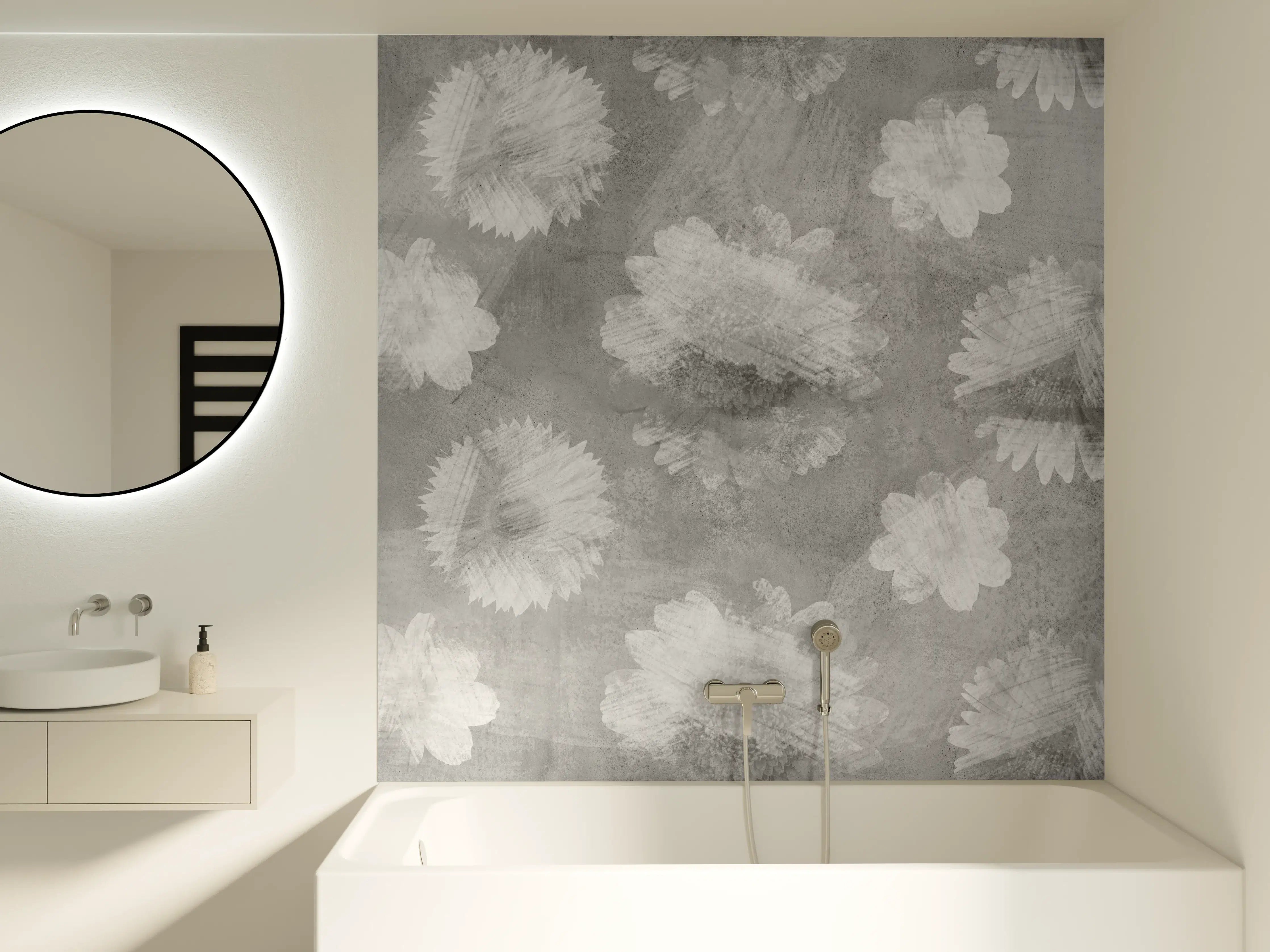 Badewannen-Rückwand - Graue Zement Wand mit weißem Blumenmuster