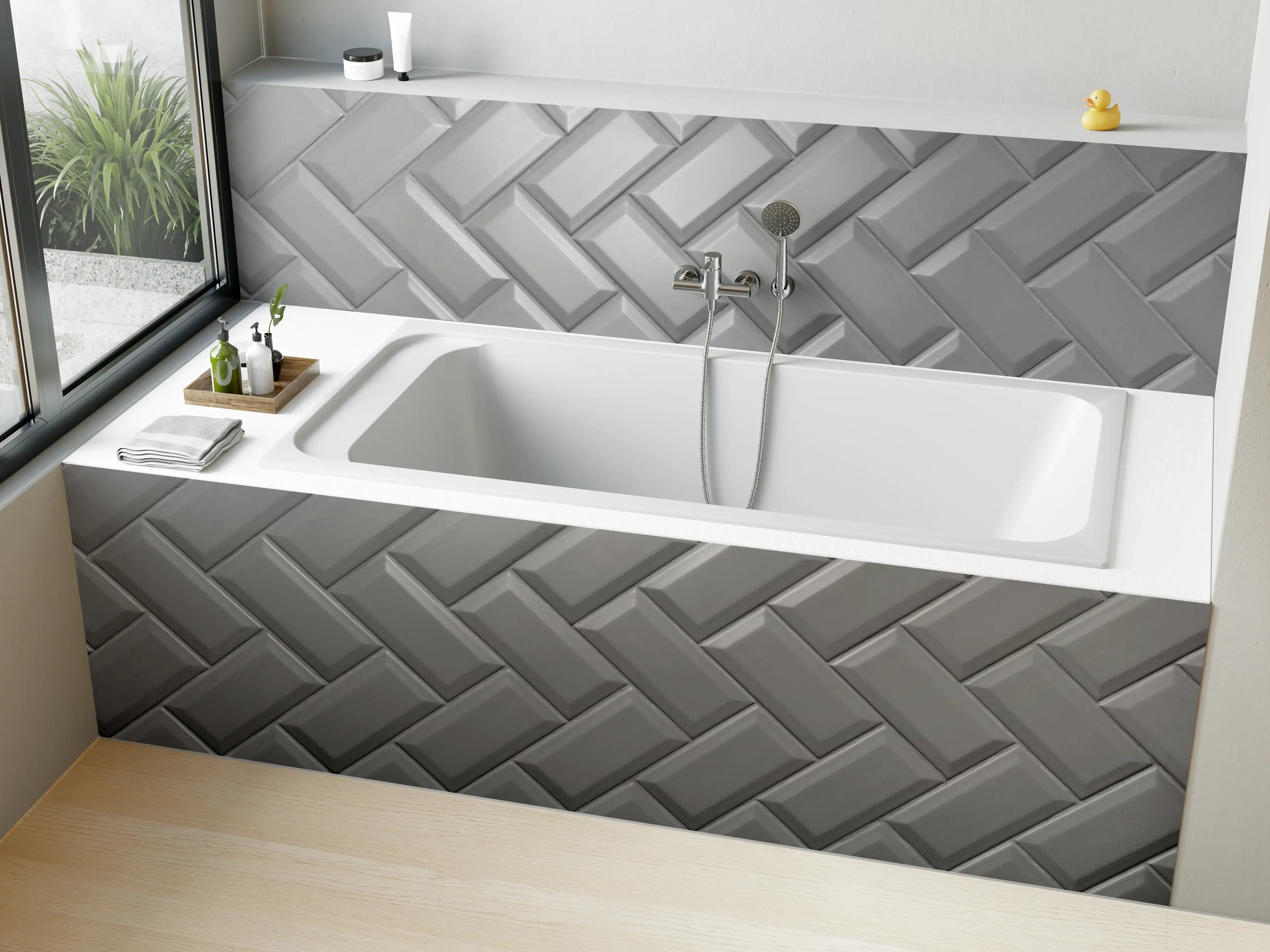 Badewannen-Rückwand - Graue matte Keramikfliesen