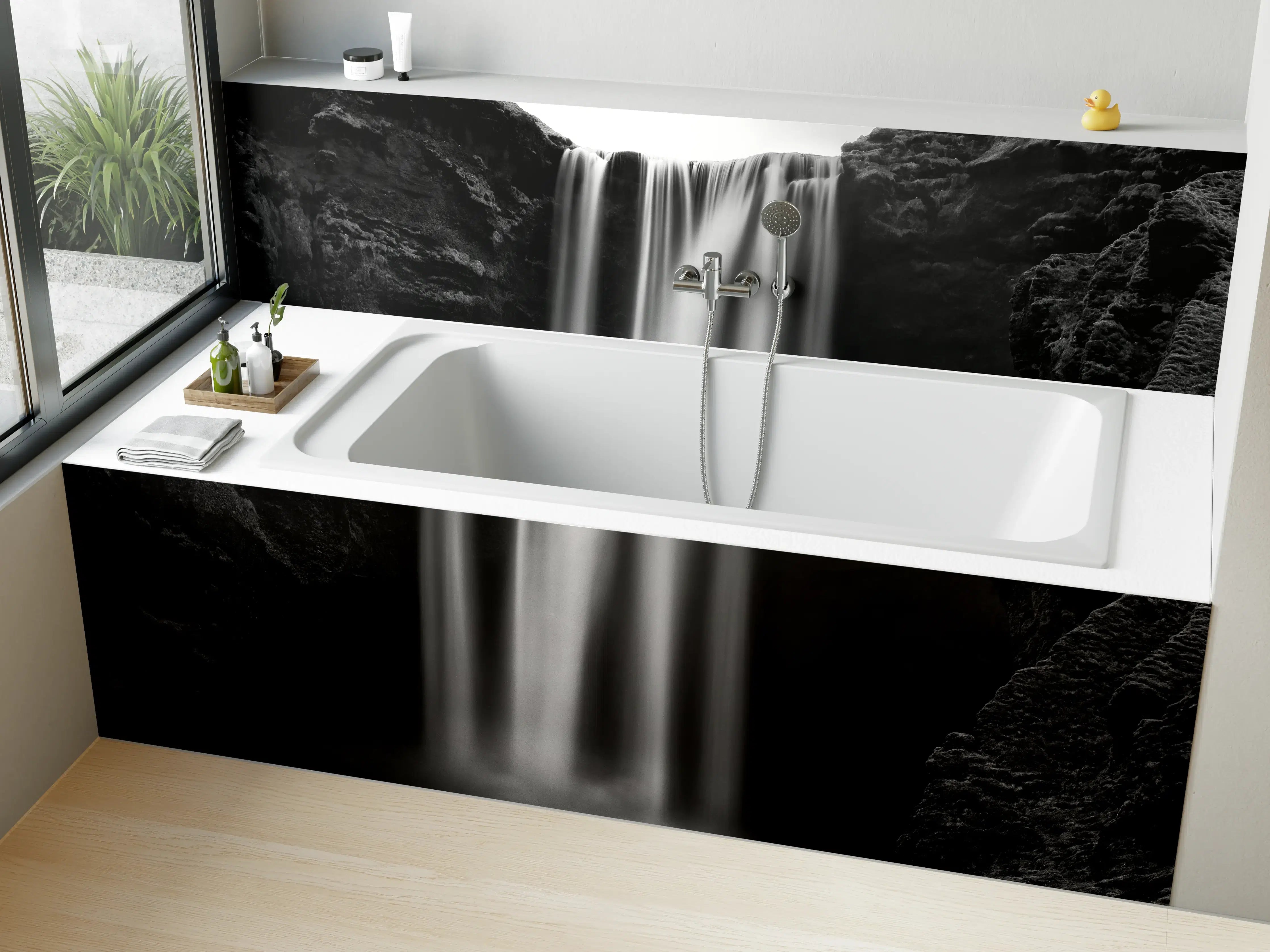 Badewannen-Rückwand - Grauer Wasserfall im Schwarzweiß-Design