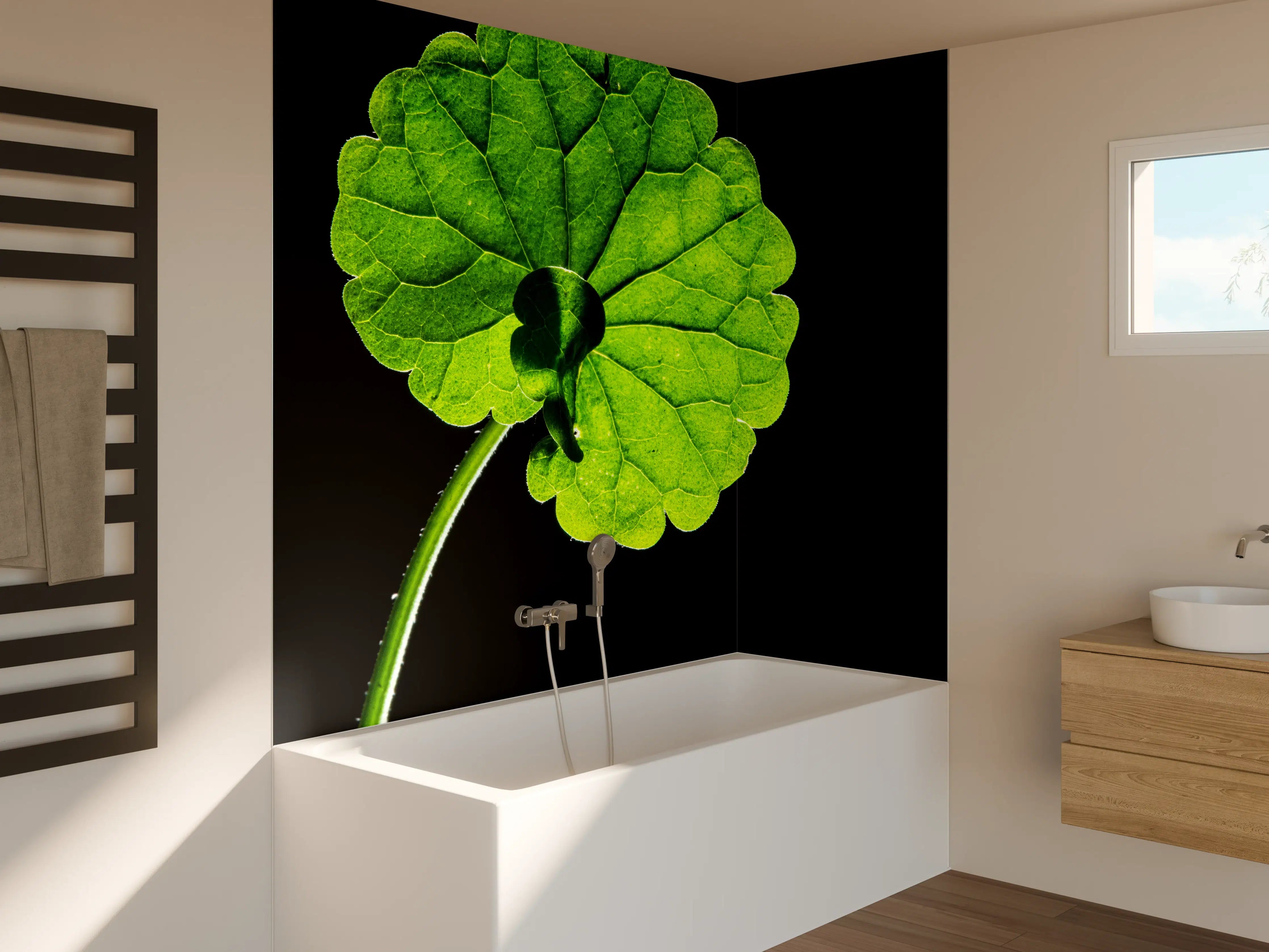 Badewannen-Rückwand - Graues Blatt vor dunklem Hintergrund