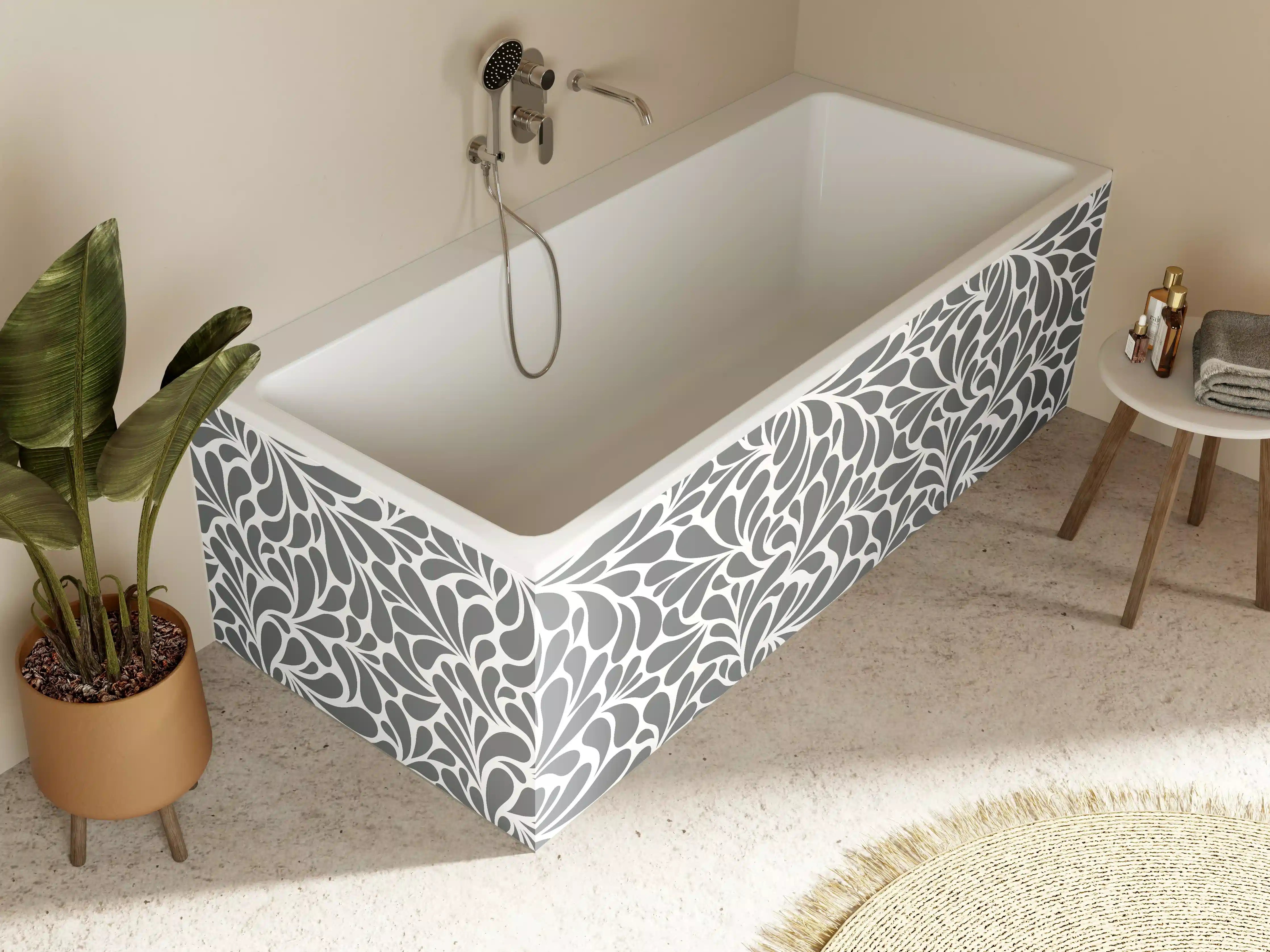 Badewannen-Rückwand - Graues und Weißes Blumenmuster mit leafy Design