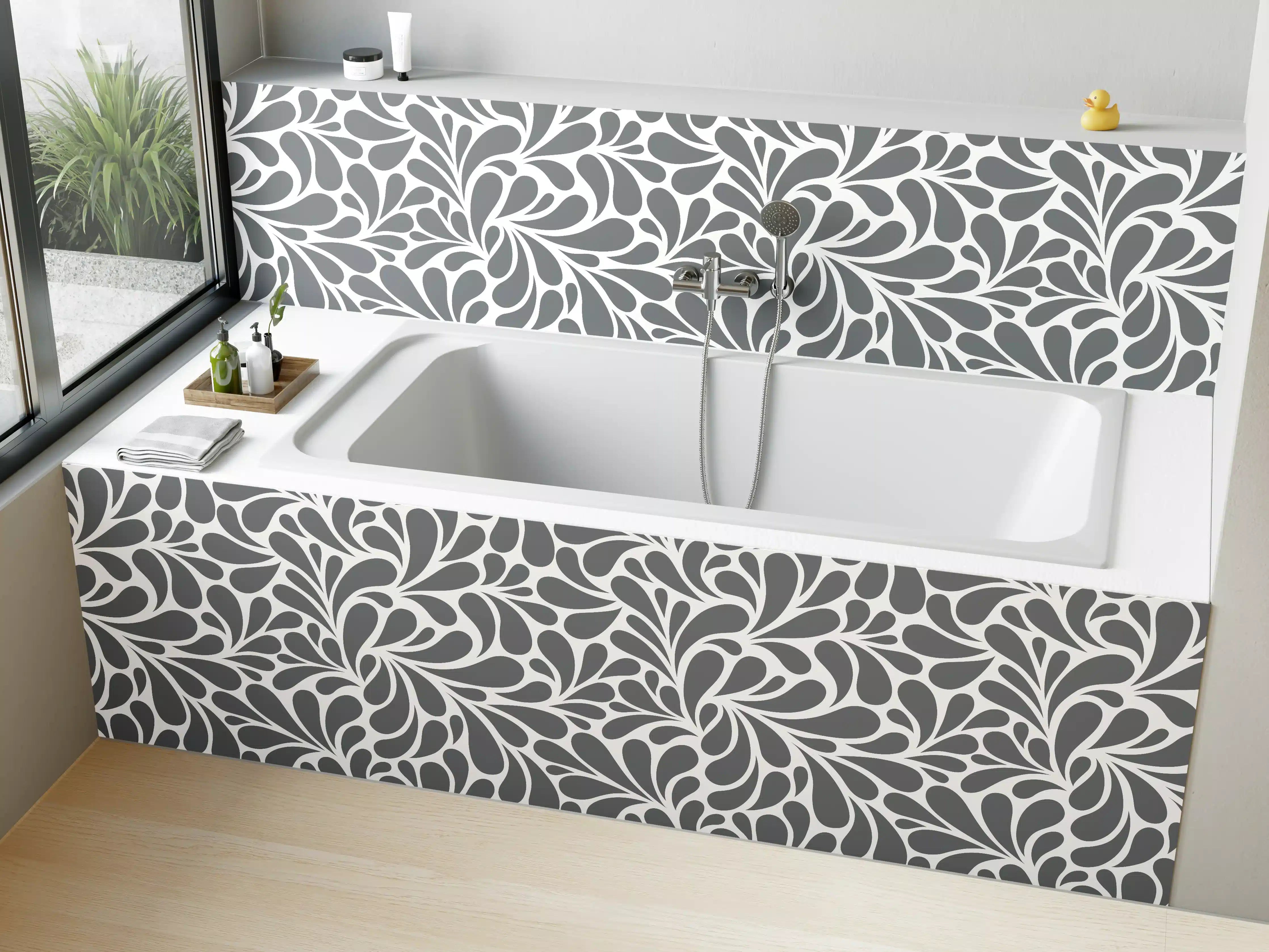 Badewannen-Rückwand - Graues und Weißes Blumenmuster mit leafy Design