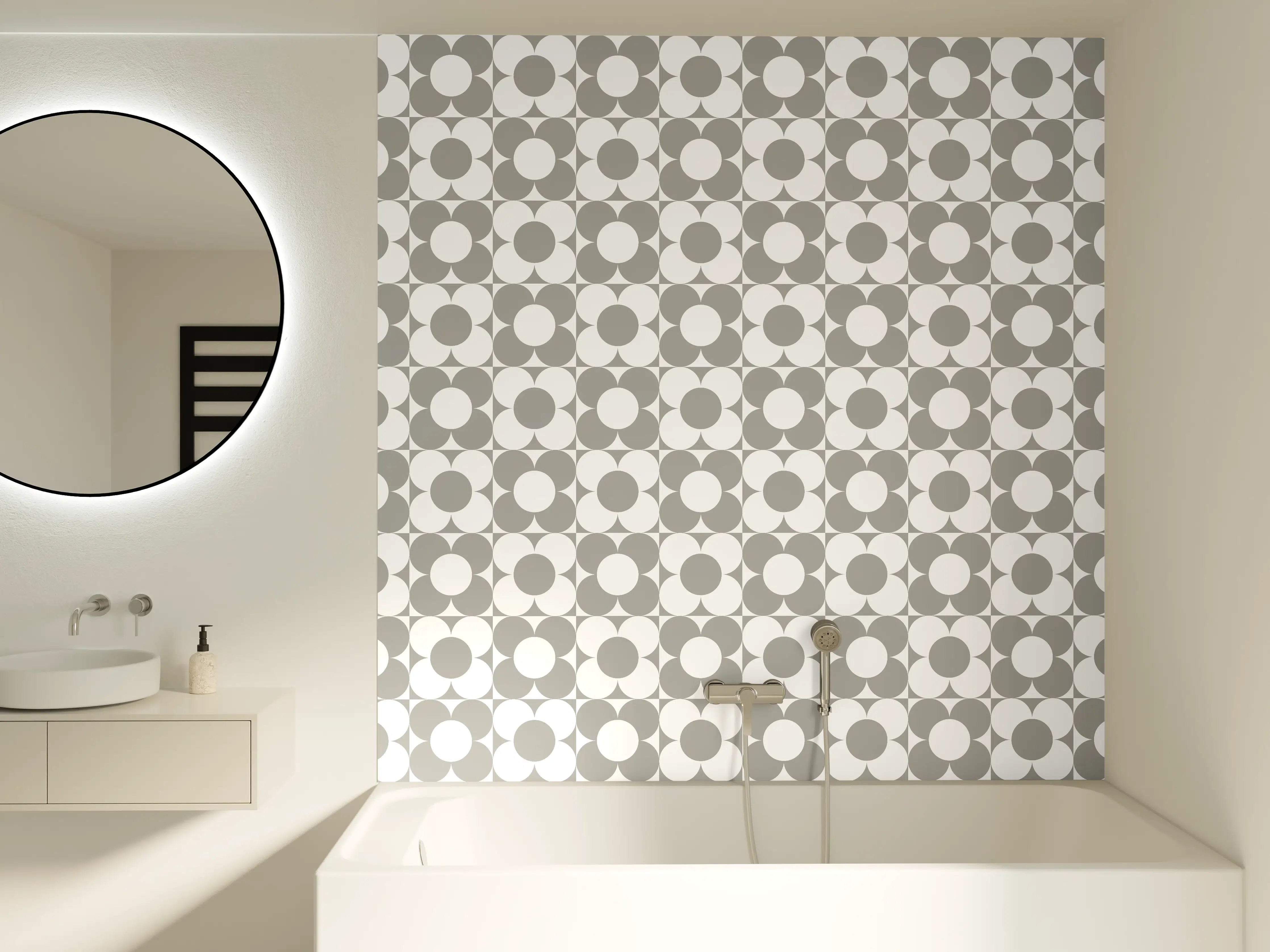Badewannen-Rückwand - Graustufiges geometrisches Muster mit Kreisen und Quadraten