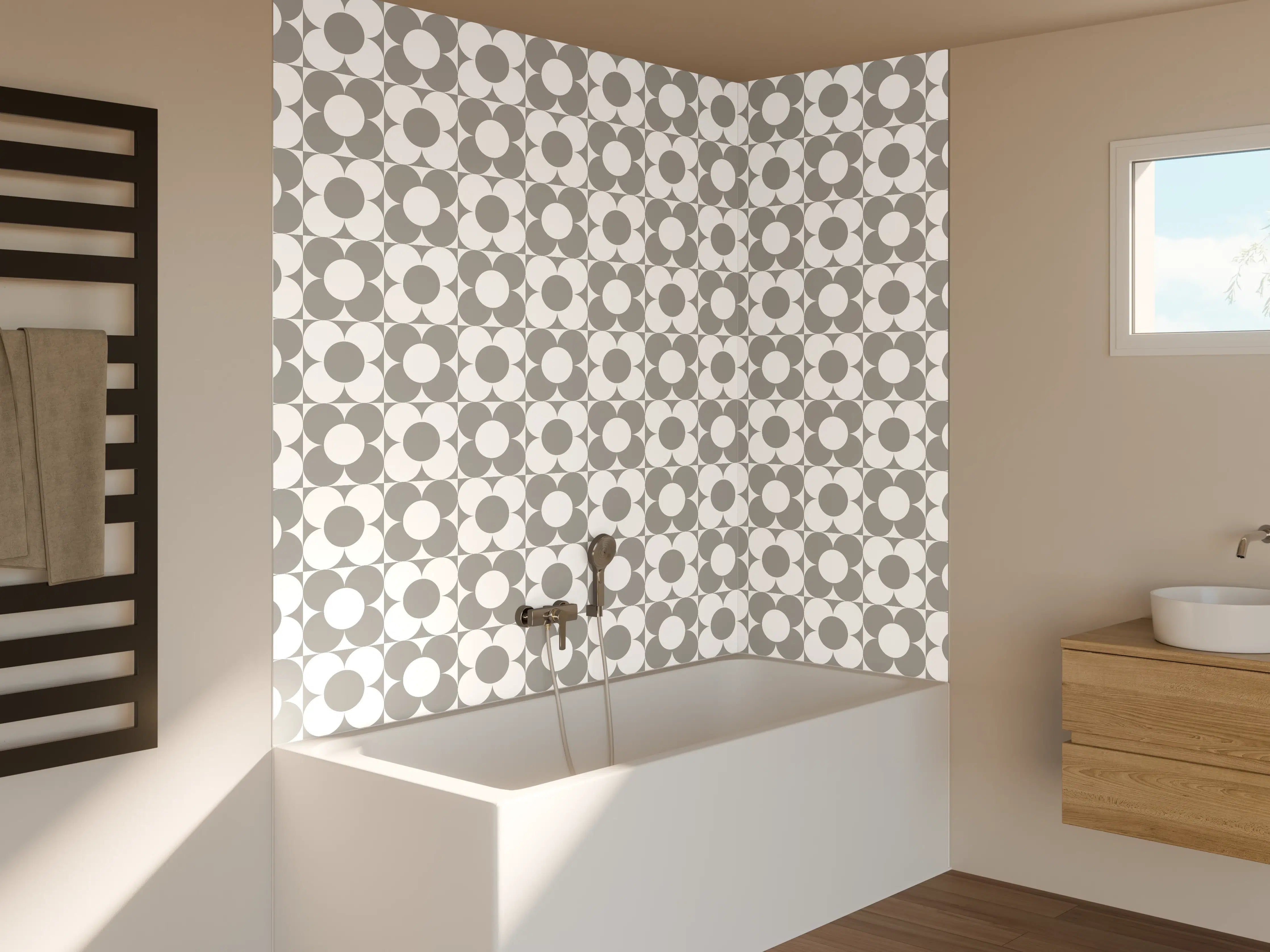 Badewannen-Rückwand - Graustufiges geometrisches Muster mit Kreisen und Quadraten