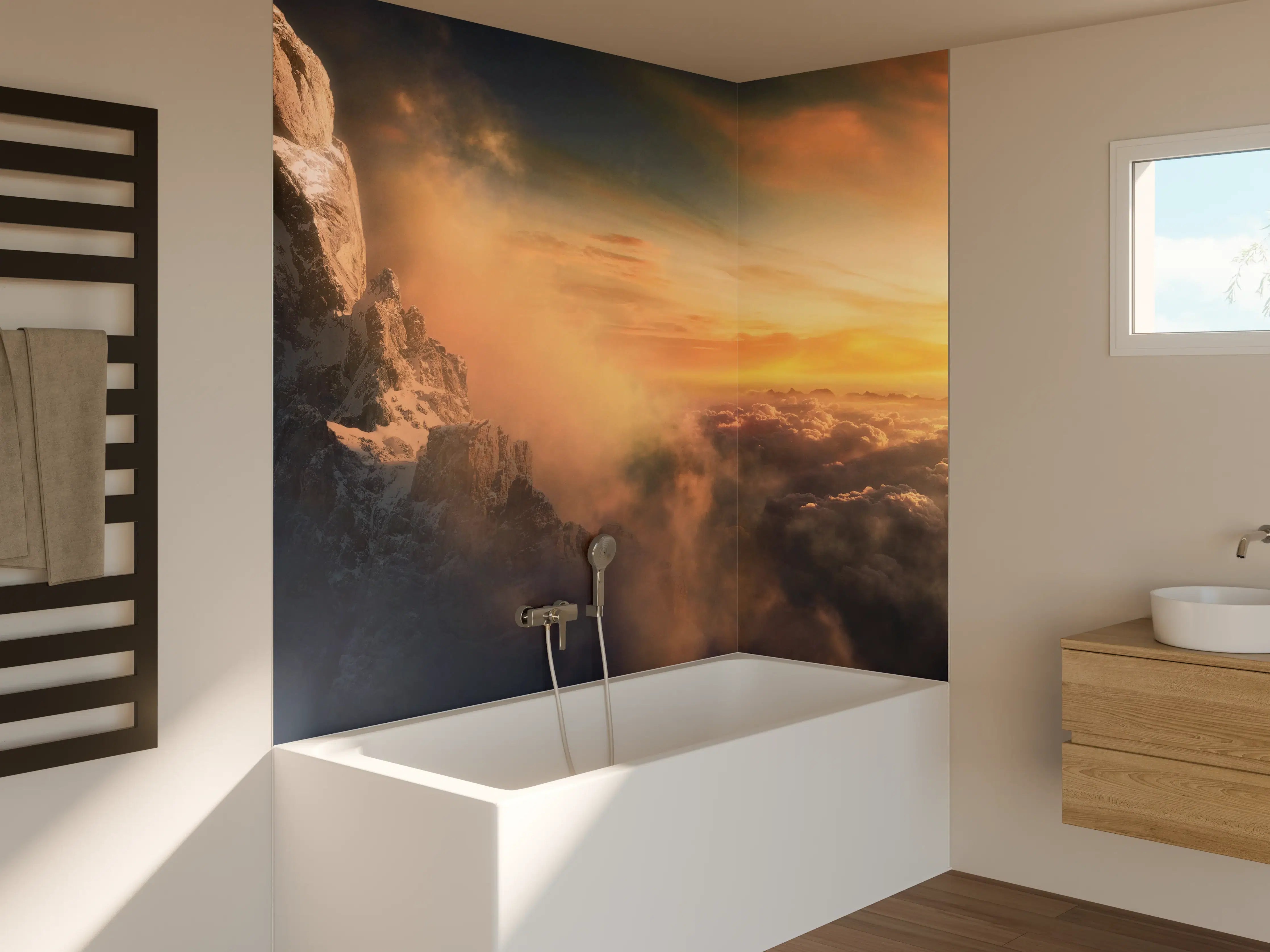 Badewannen-Rückwand - Grauwe Gipfel im Morgenlicht
