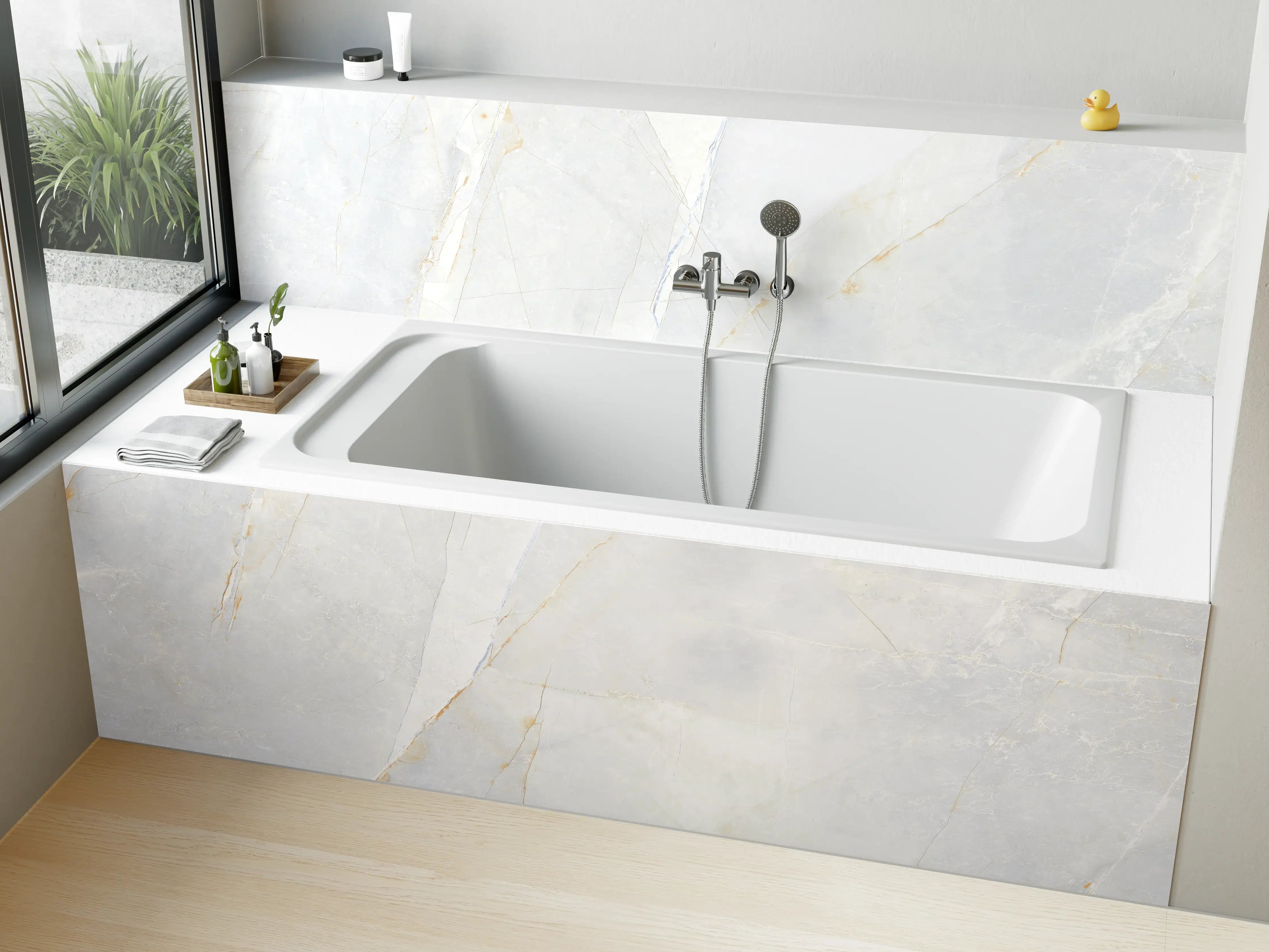 Badewannen-Rückwand - Grauweißer Marmor mit Gold-Details