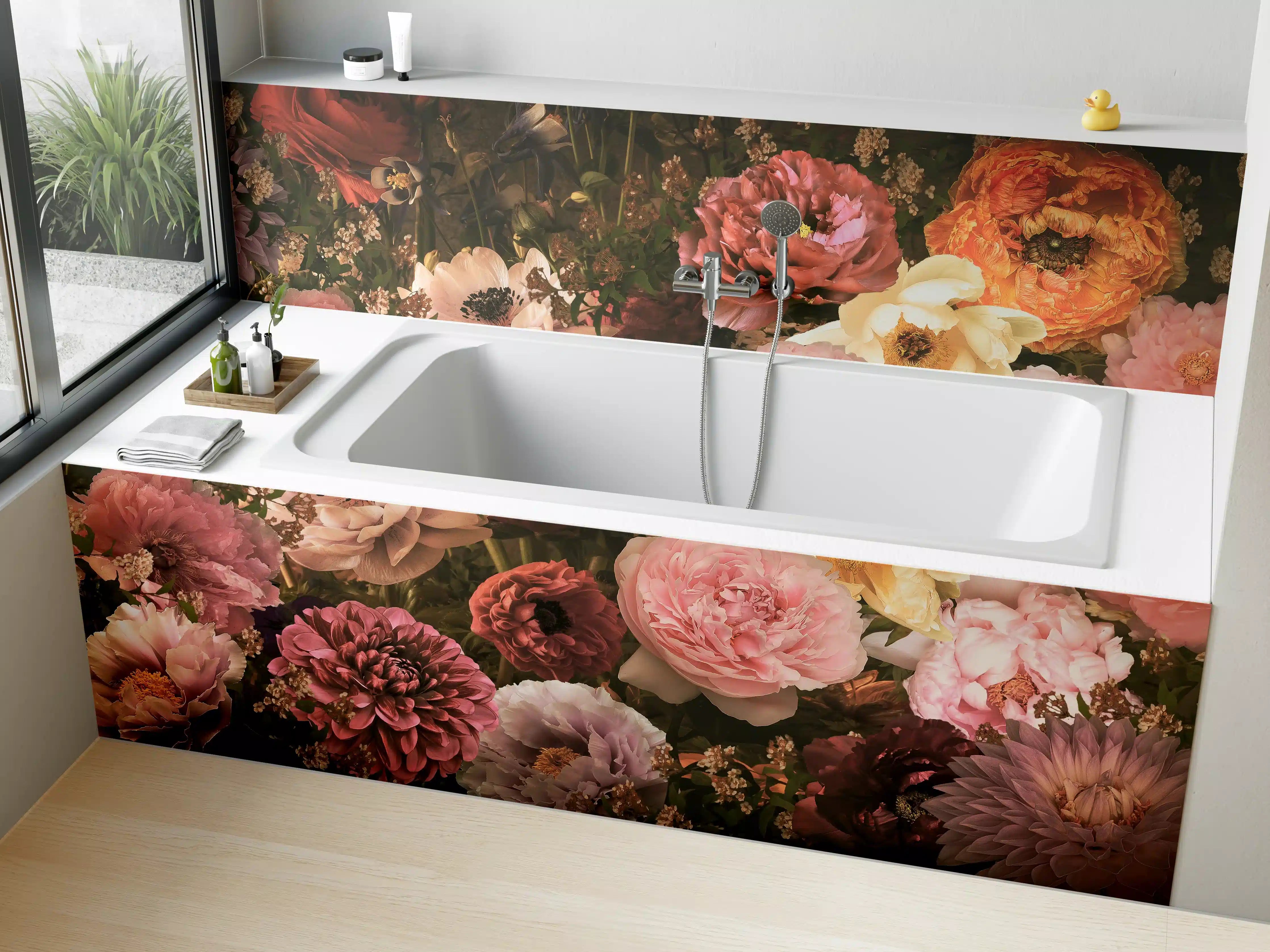 Badewannen-Rückwand - Große Blumen im Vintage-Stil