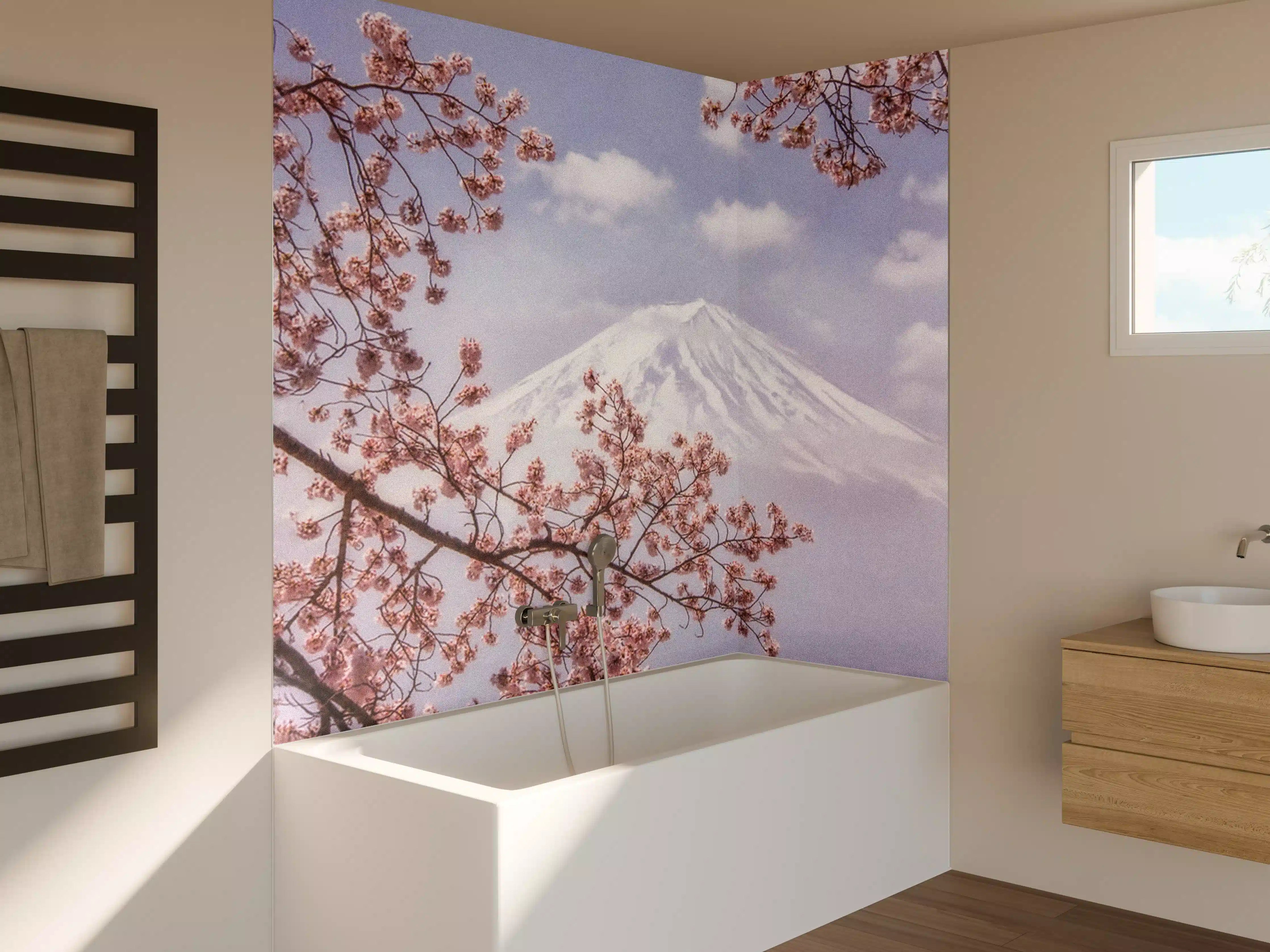 Badewannen-Rückwand - Großer Berg hinter Kirchblüten - Japan