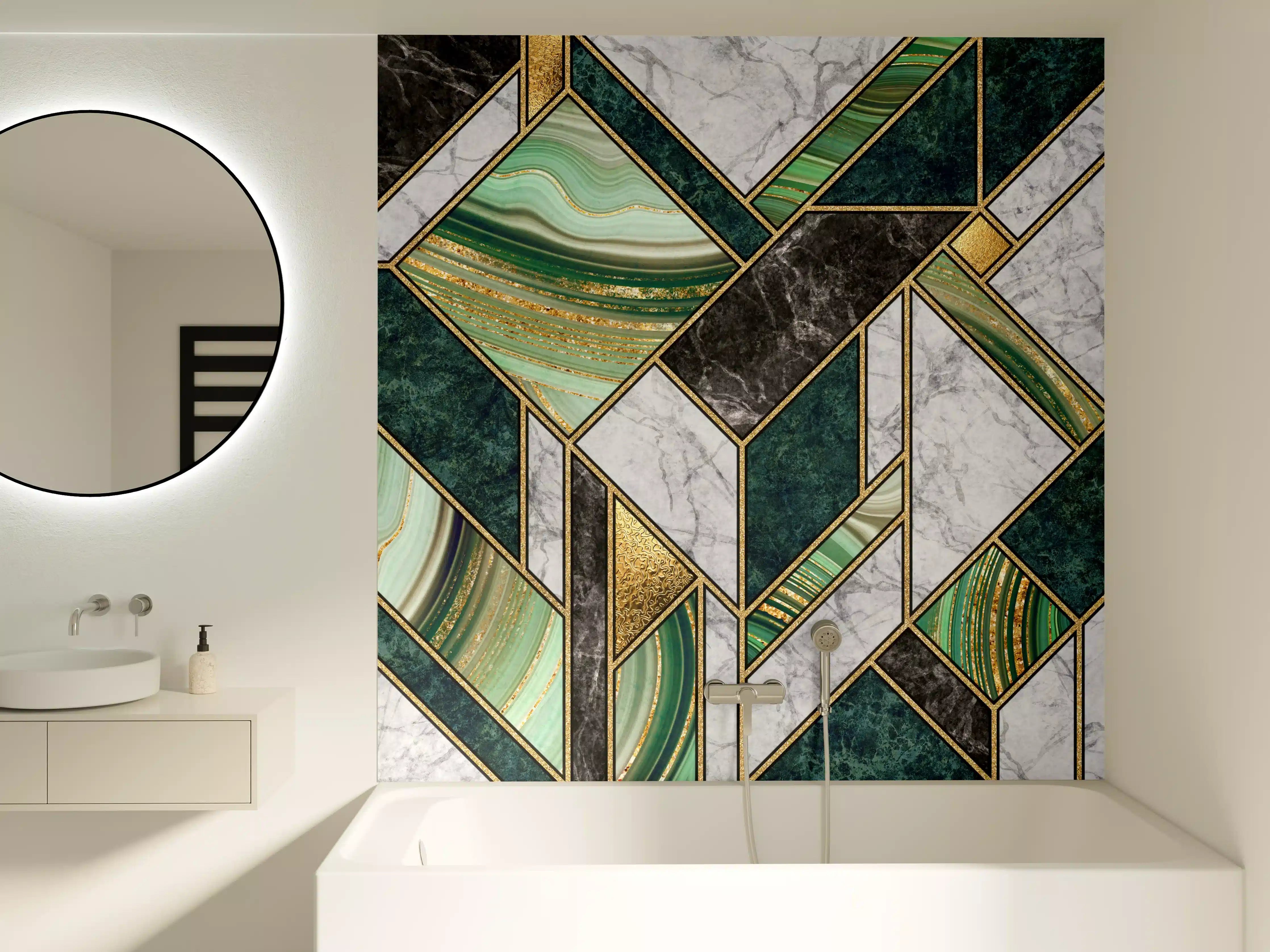 Badewannen-Rückwand - Grün-Goldene Marmormosaik Textur