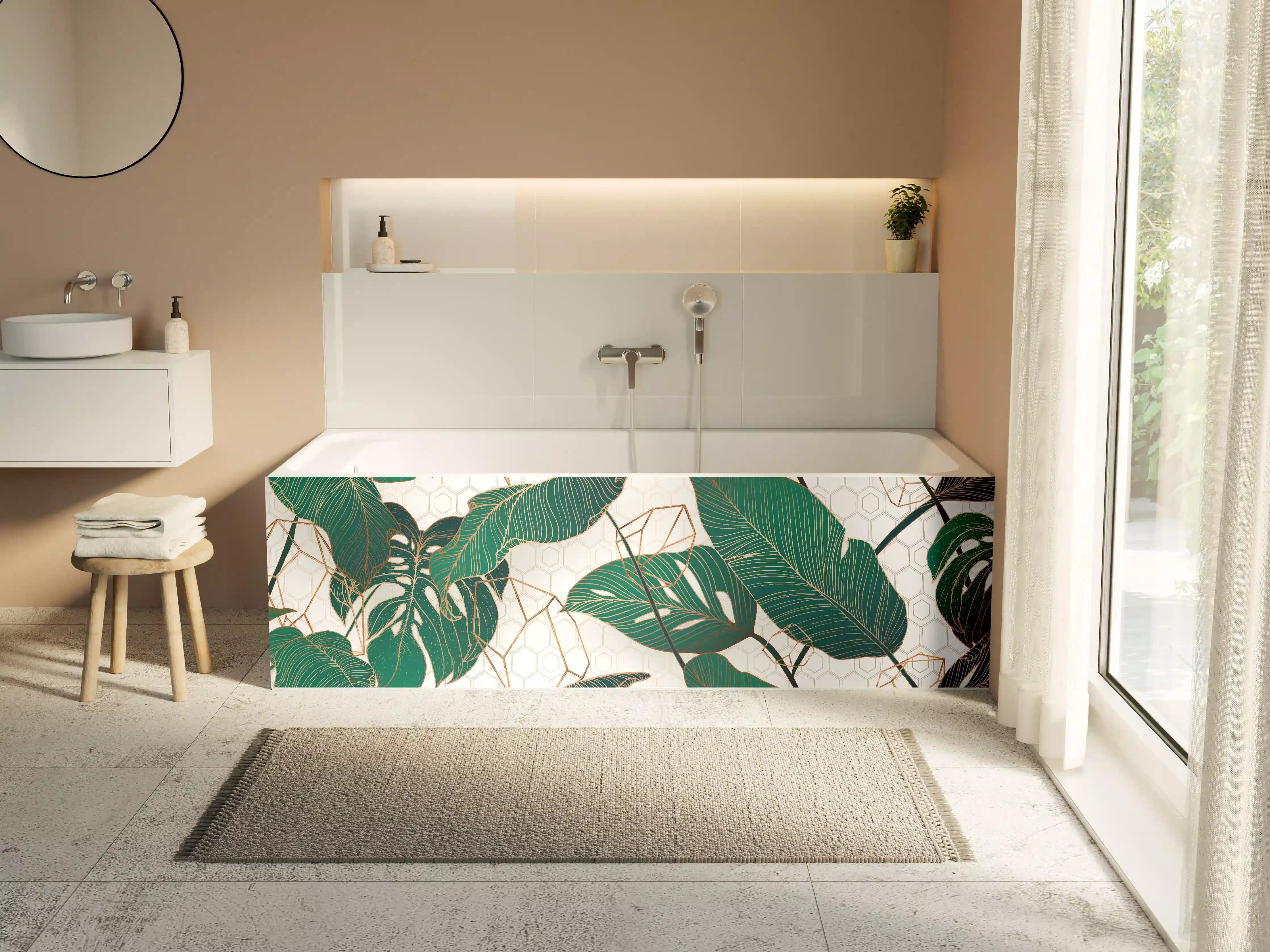 Badewannen-Rückwand - Grün-Weißes Blattmuster Design