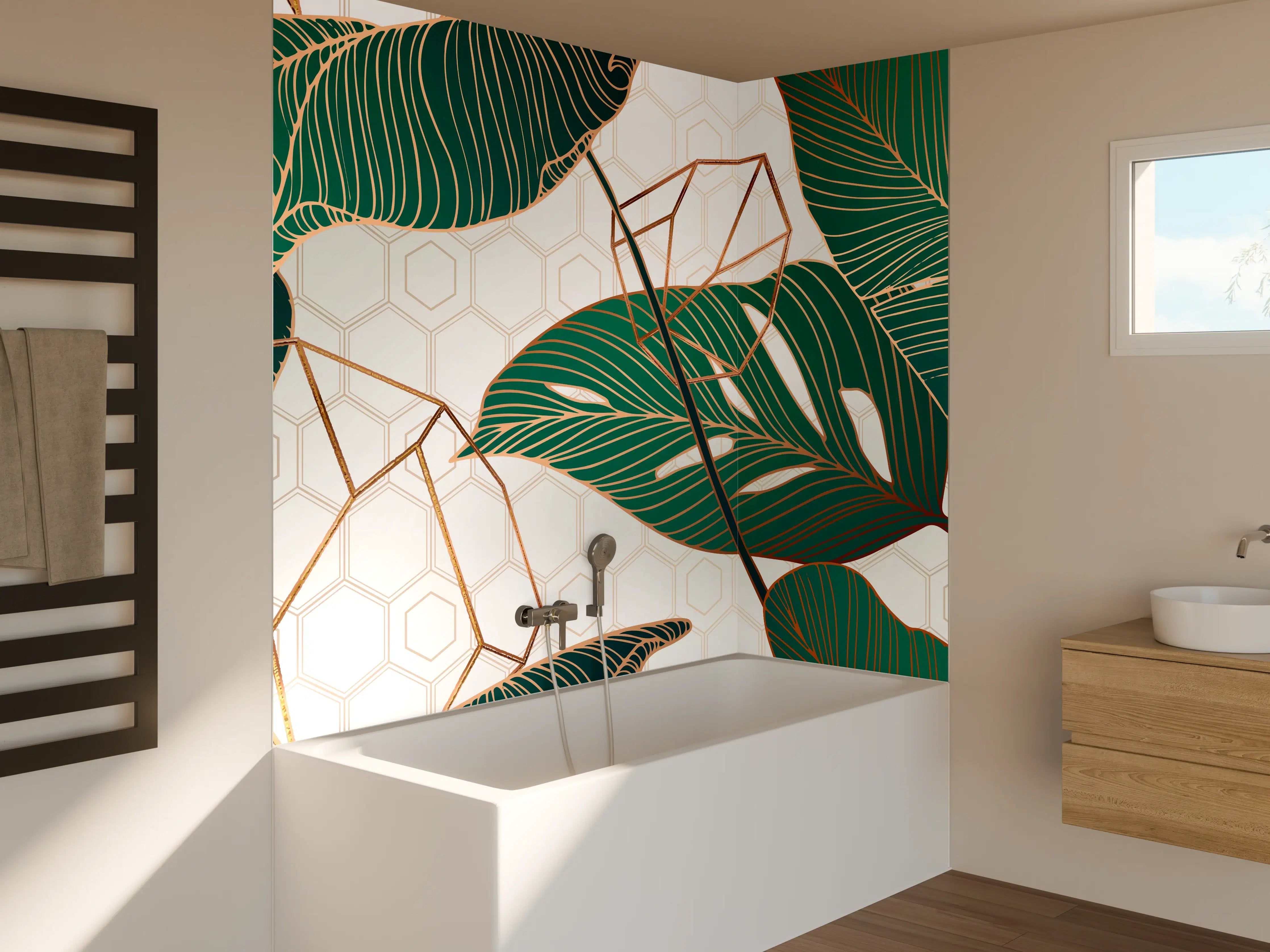Badewannen-Rückwand - Grün-Weißes Blattmuster Design