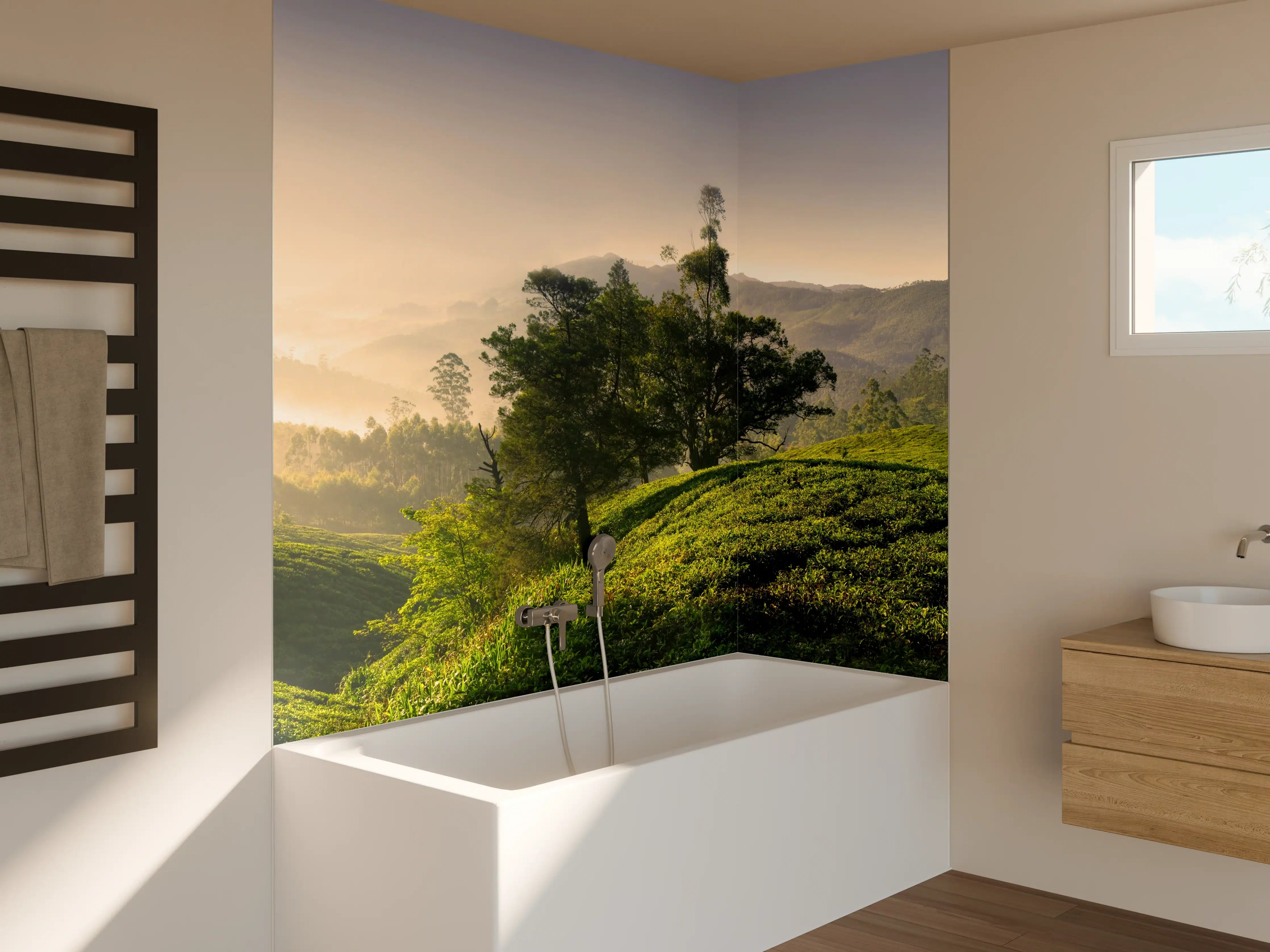 Badewannen-Rückwand - Grüne Berglandschaft bei Sonnenaufgang