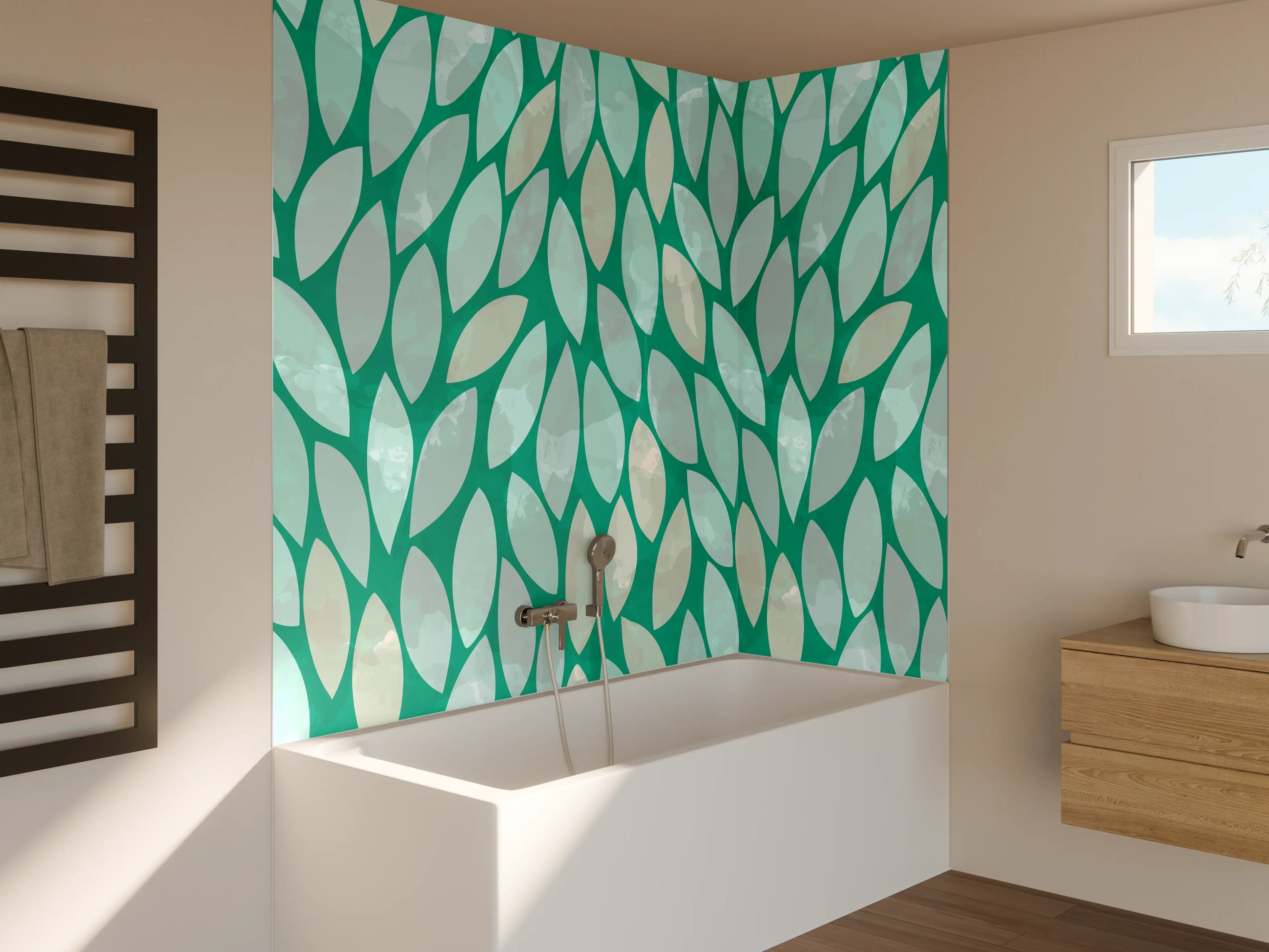 Badewannen-Rückwand - Grüne Blätter Muster mit aquarellartiger Optik