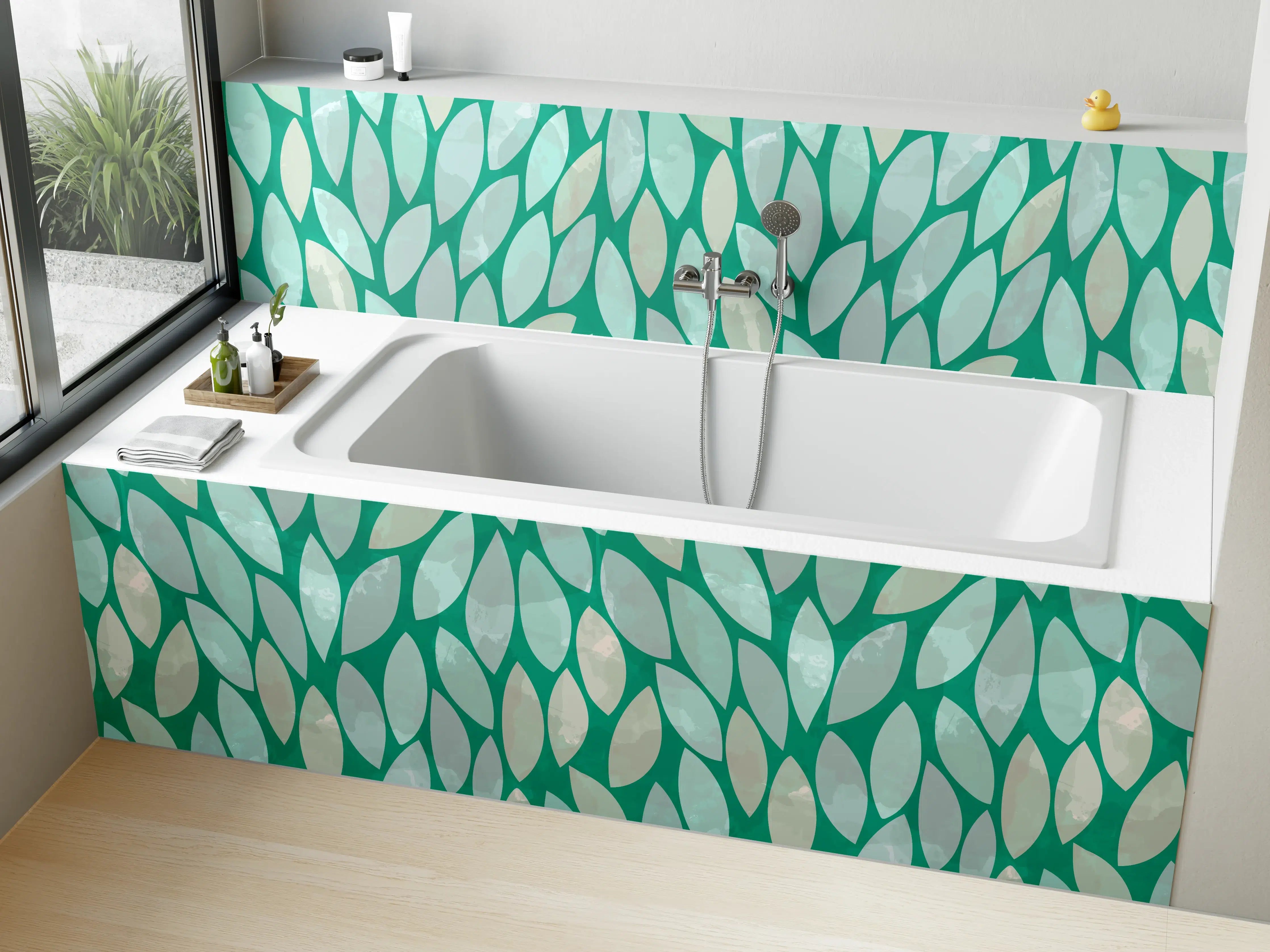 Badewannen-Rückwand - Grüne Blätter Muster mit aquarellartiger Optik