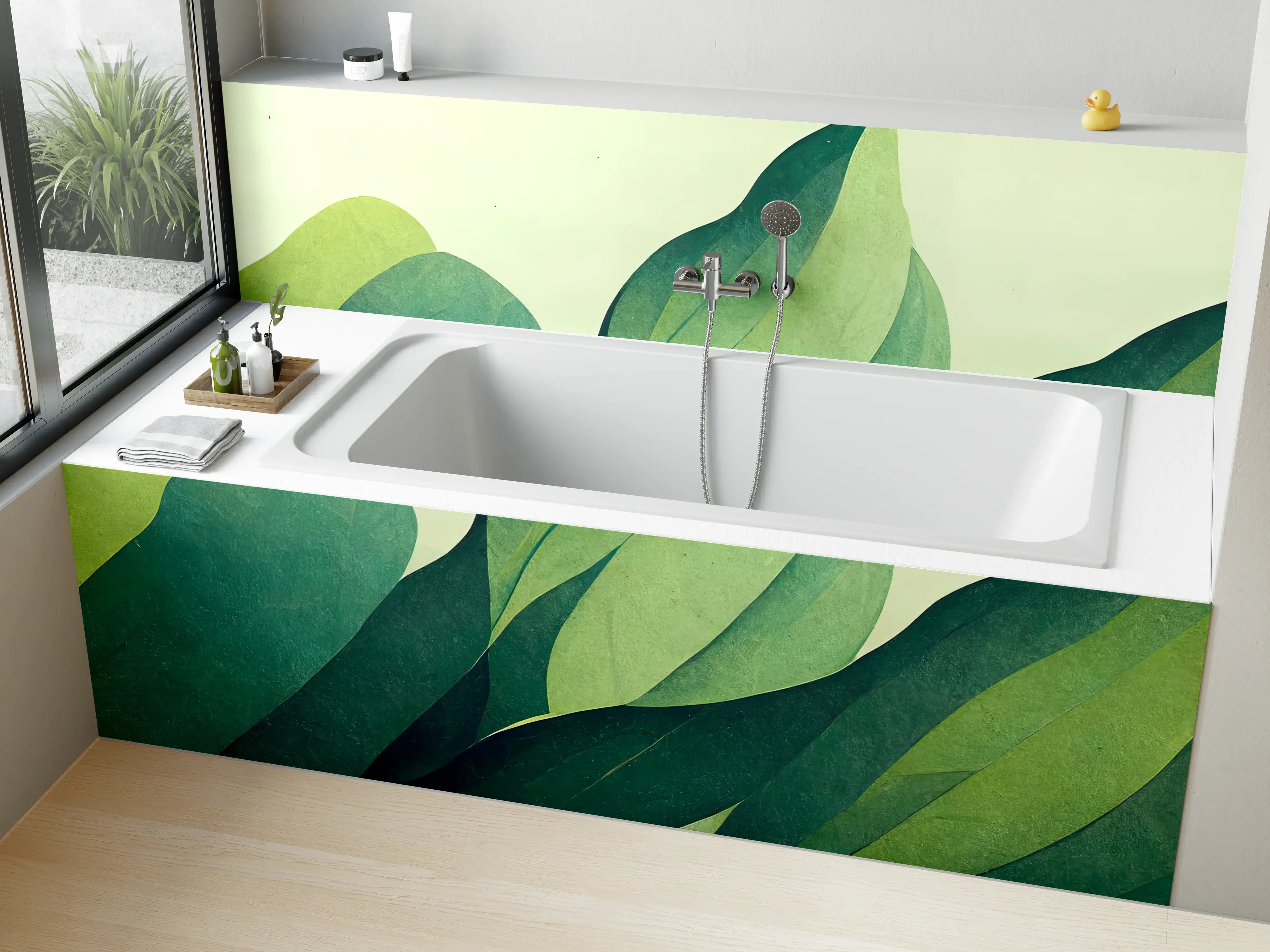 Badewannen-Rückwand - Grüne Blätter in Aquarelltechnik