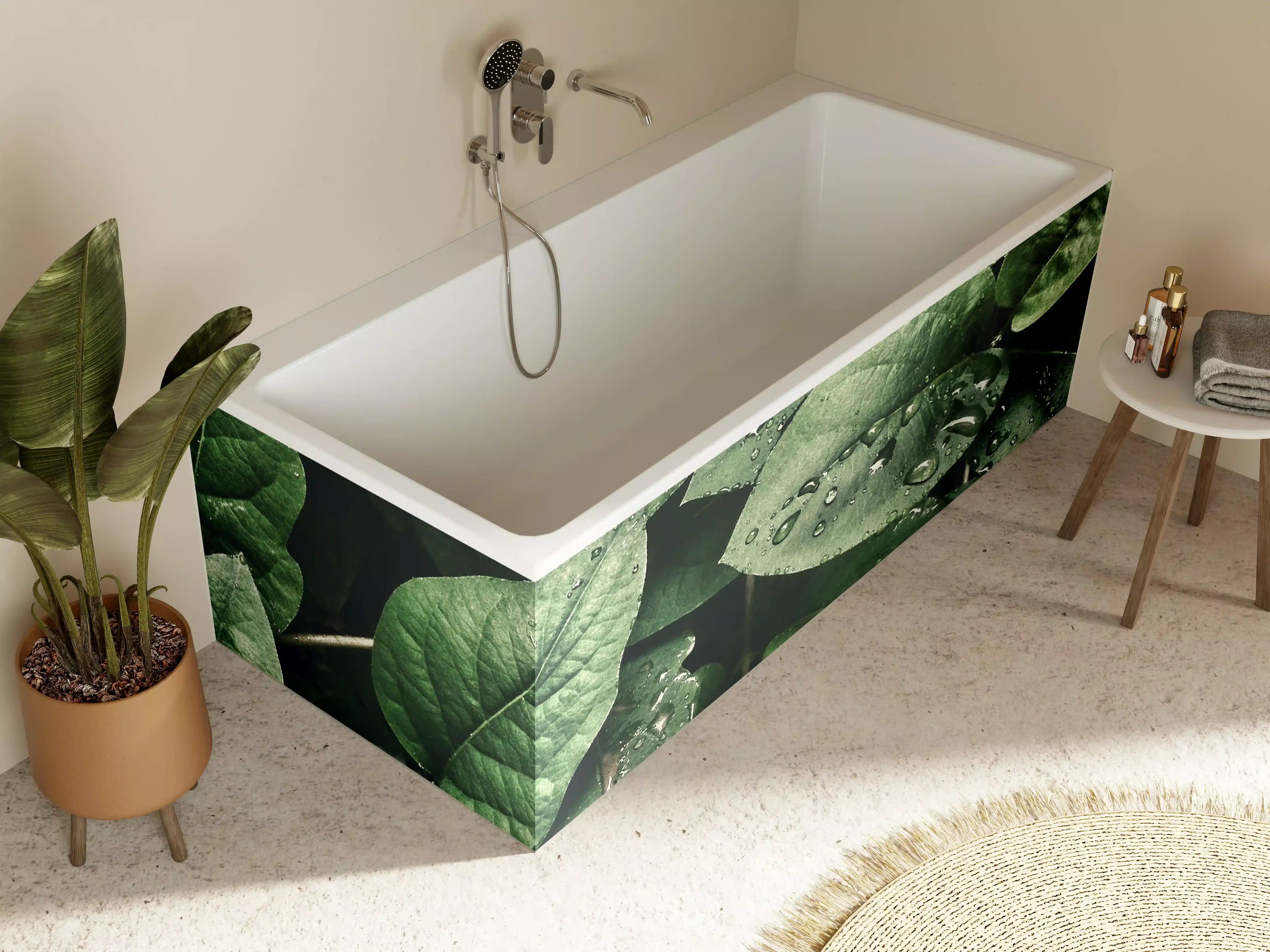 Badewannen-Rückwand - Grüne Blätter mit Wassertropfen