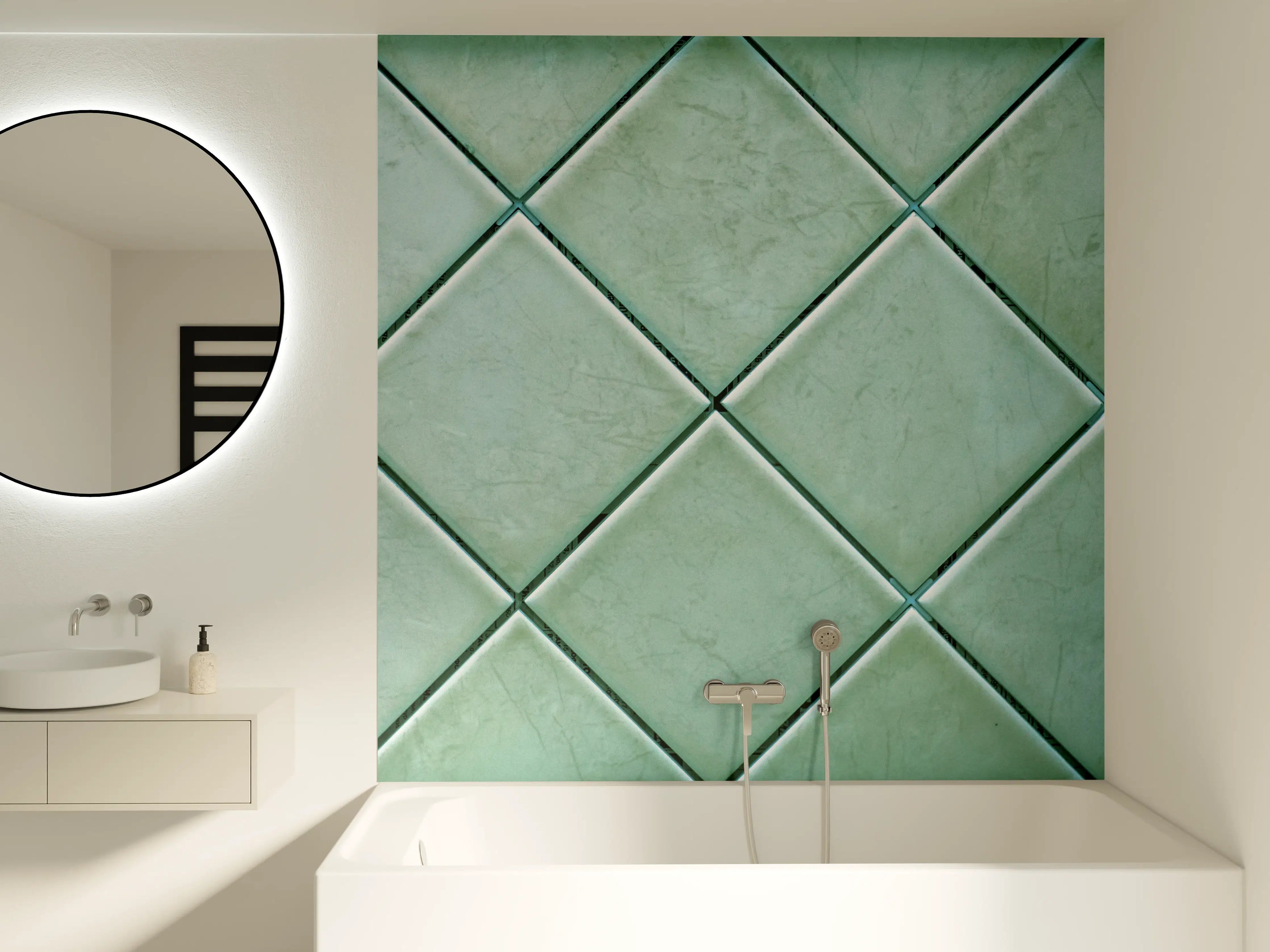 Badewannen-Rückwand - Grüne Fliesenwand im Diagonalmuster