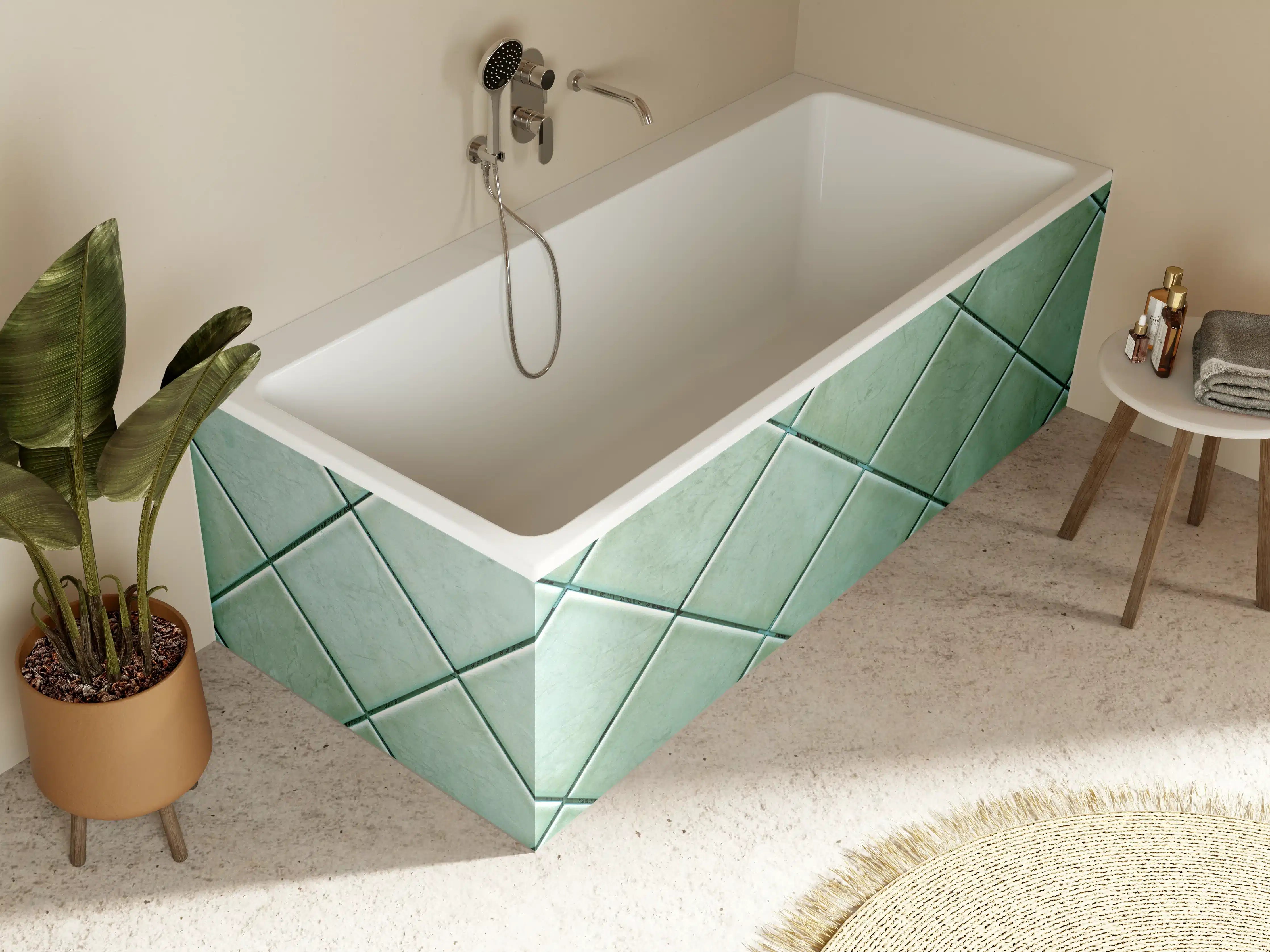Badewannen-Rückwand - Grüne Fliesenwand im Diagonalmuster