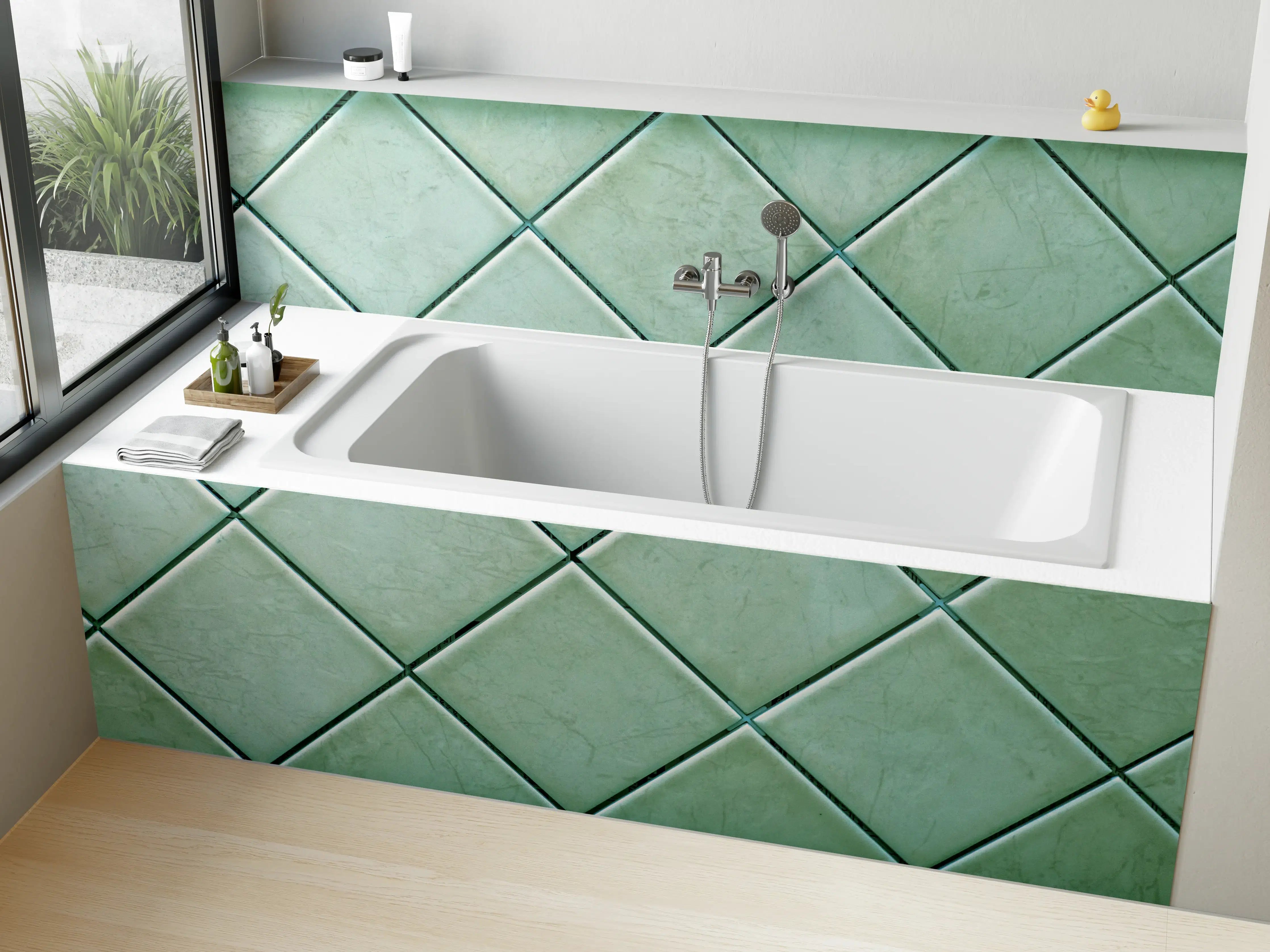 Badewannen-Rückwand - Grüne Fliesenwand im Diagonalmuster