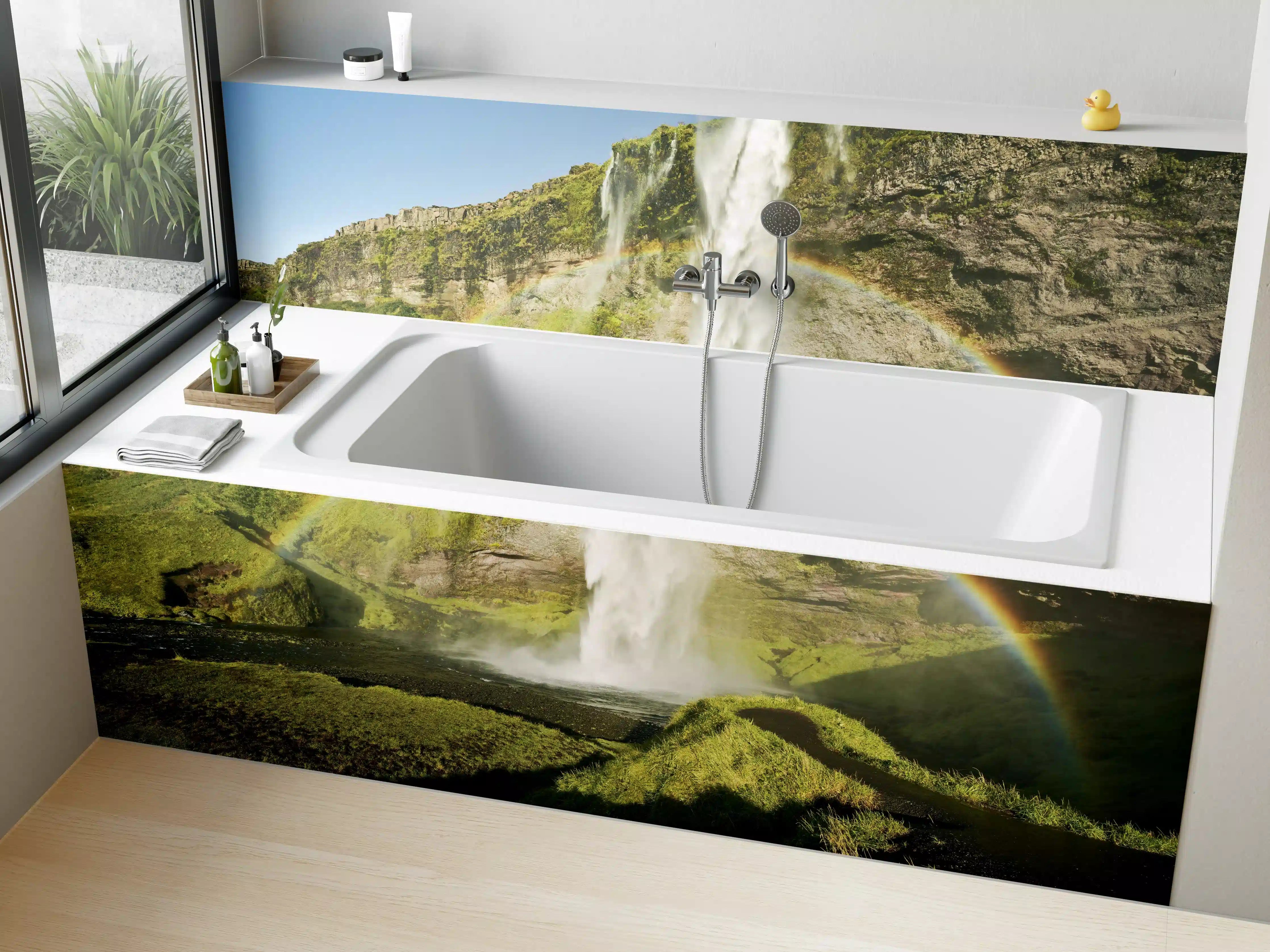 Badewannen-Rückwand - Grüne Wasserfall-Landschaft mit Regenbogen