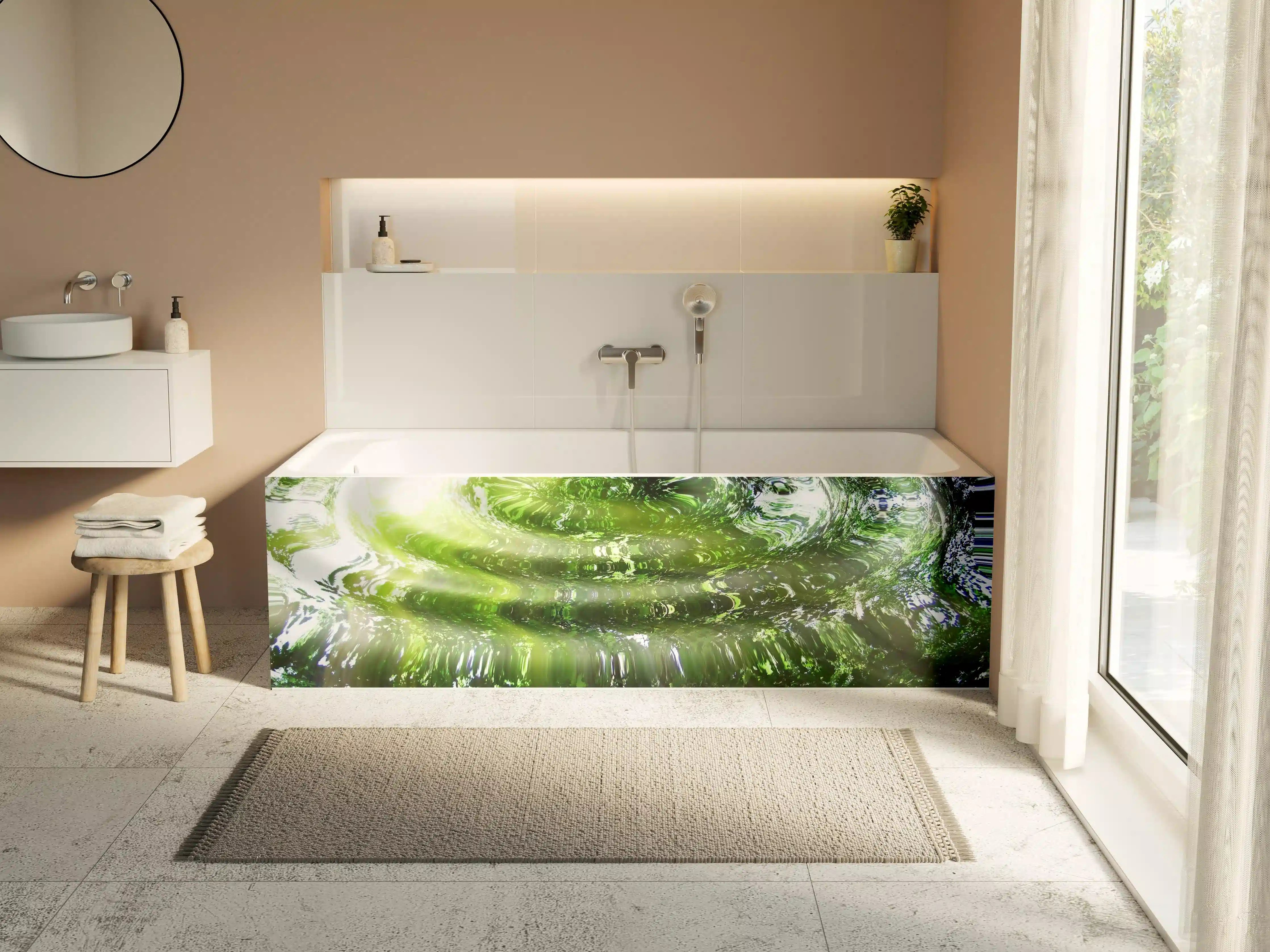 Badewannen-Rückwand - Grüner Wasserkranz mit Spiegelung und Blitzen