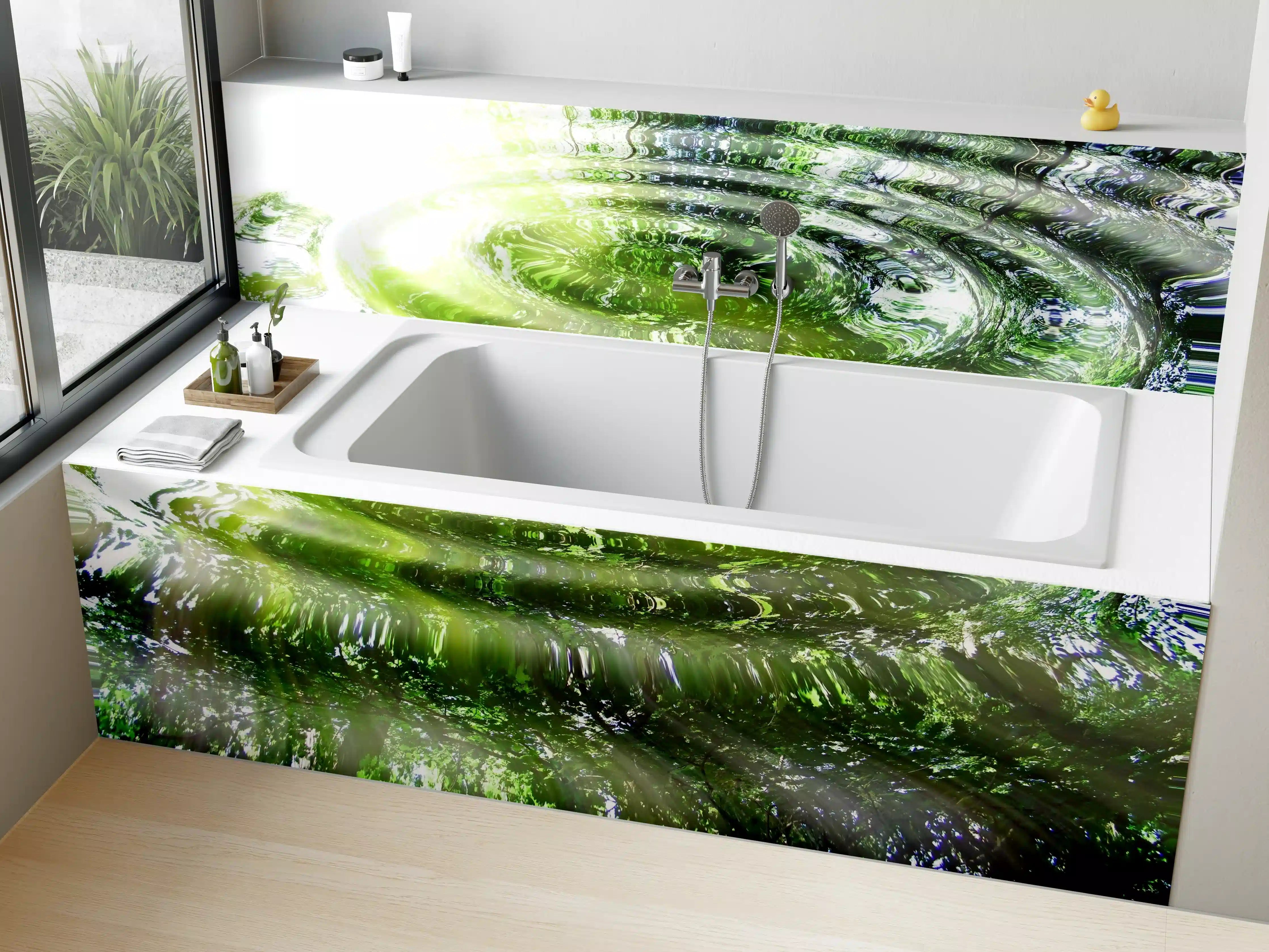 Badewannen-Rückwand - Grüner Wasserkranz mit Spiegelung und Blitzen