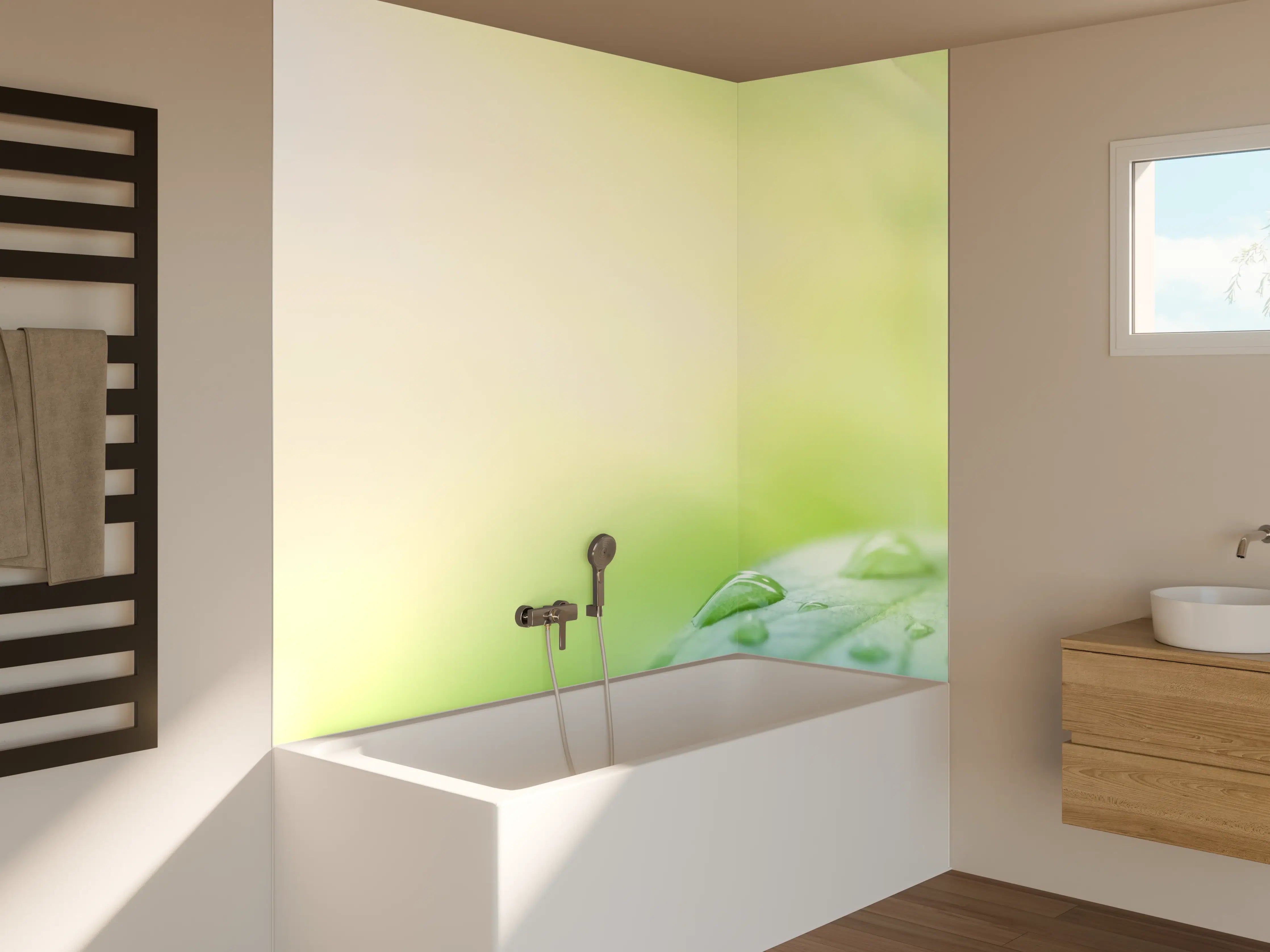 Badewannen-Rückwand - Grünes Blatt Regentropfen Sommer