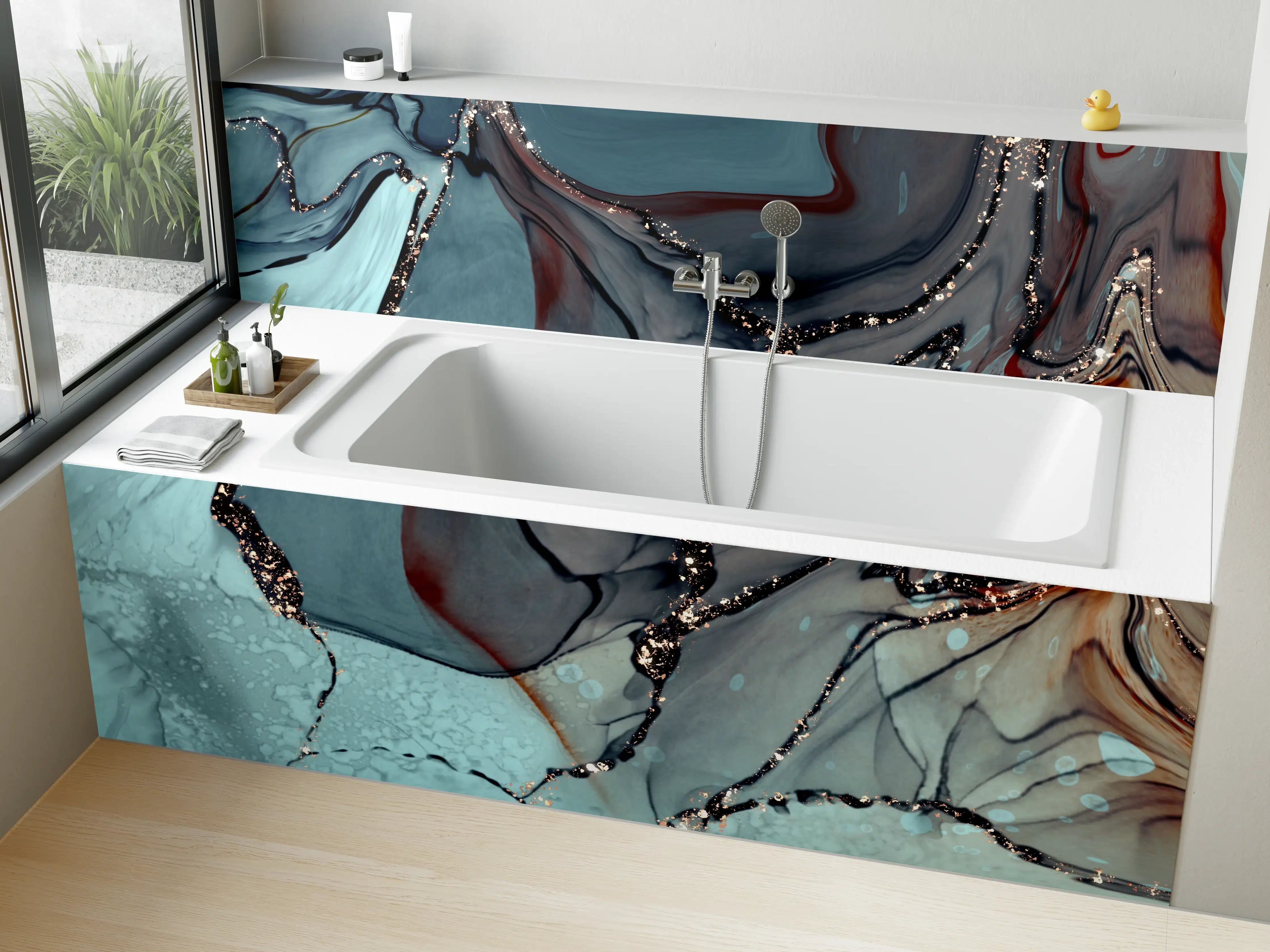 Badewannen-Rückwand - Grünliche Tinte mit Goldelementen