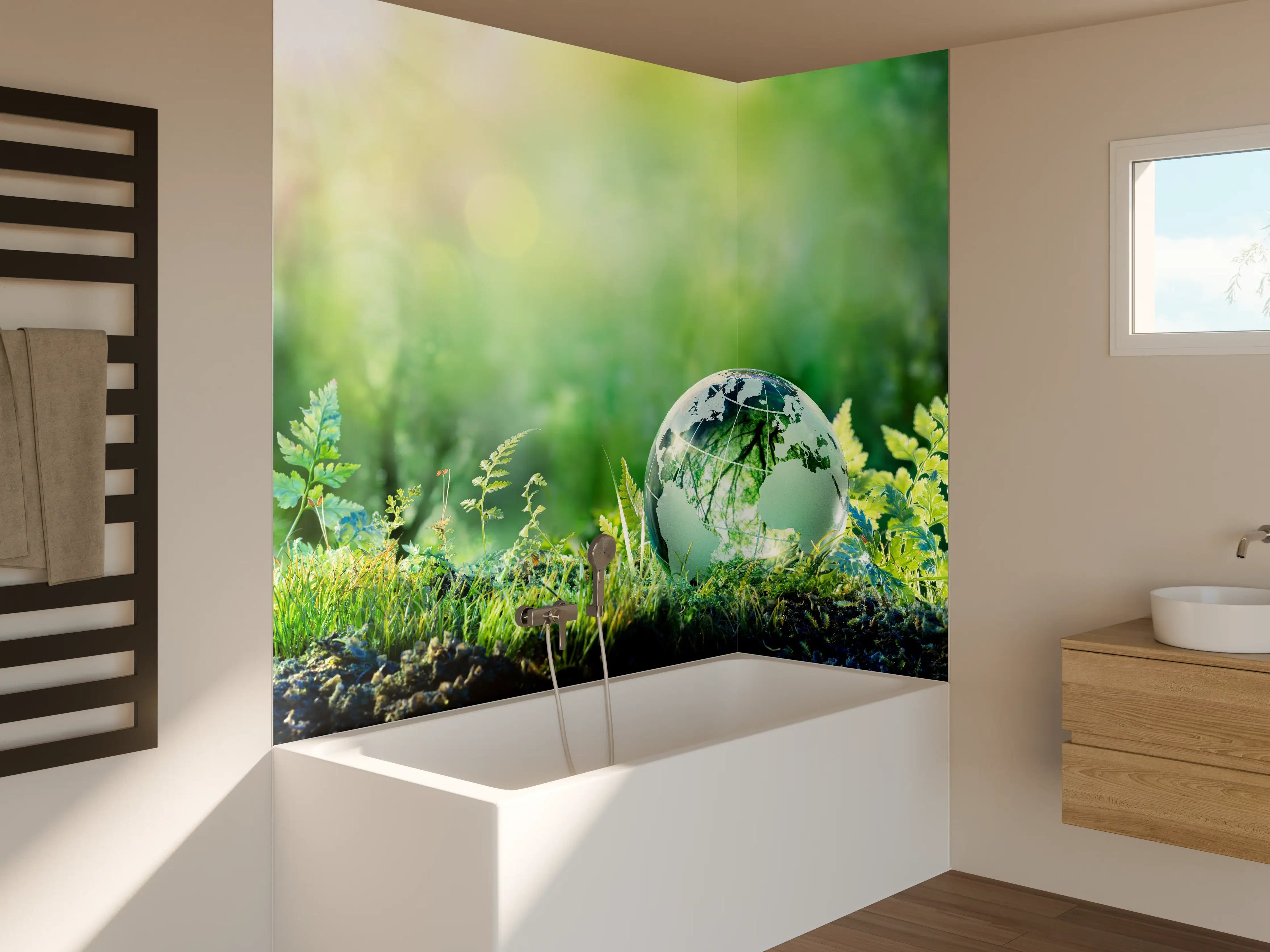 Badewannen-Rückwand - Grünlicher Globus im Wald