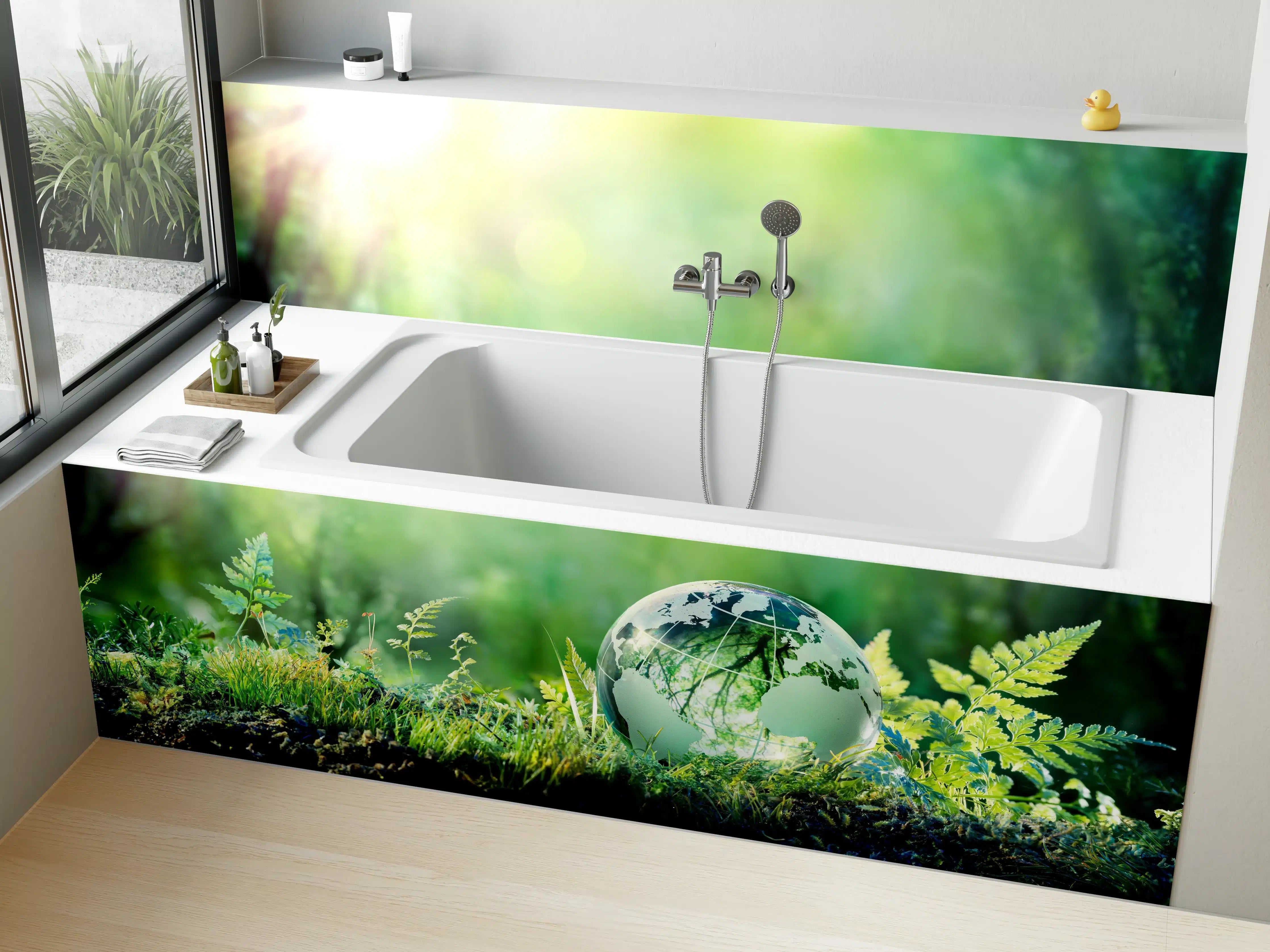 Badewannen-Rückwand - Grünlicher Globus im Wald