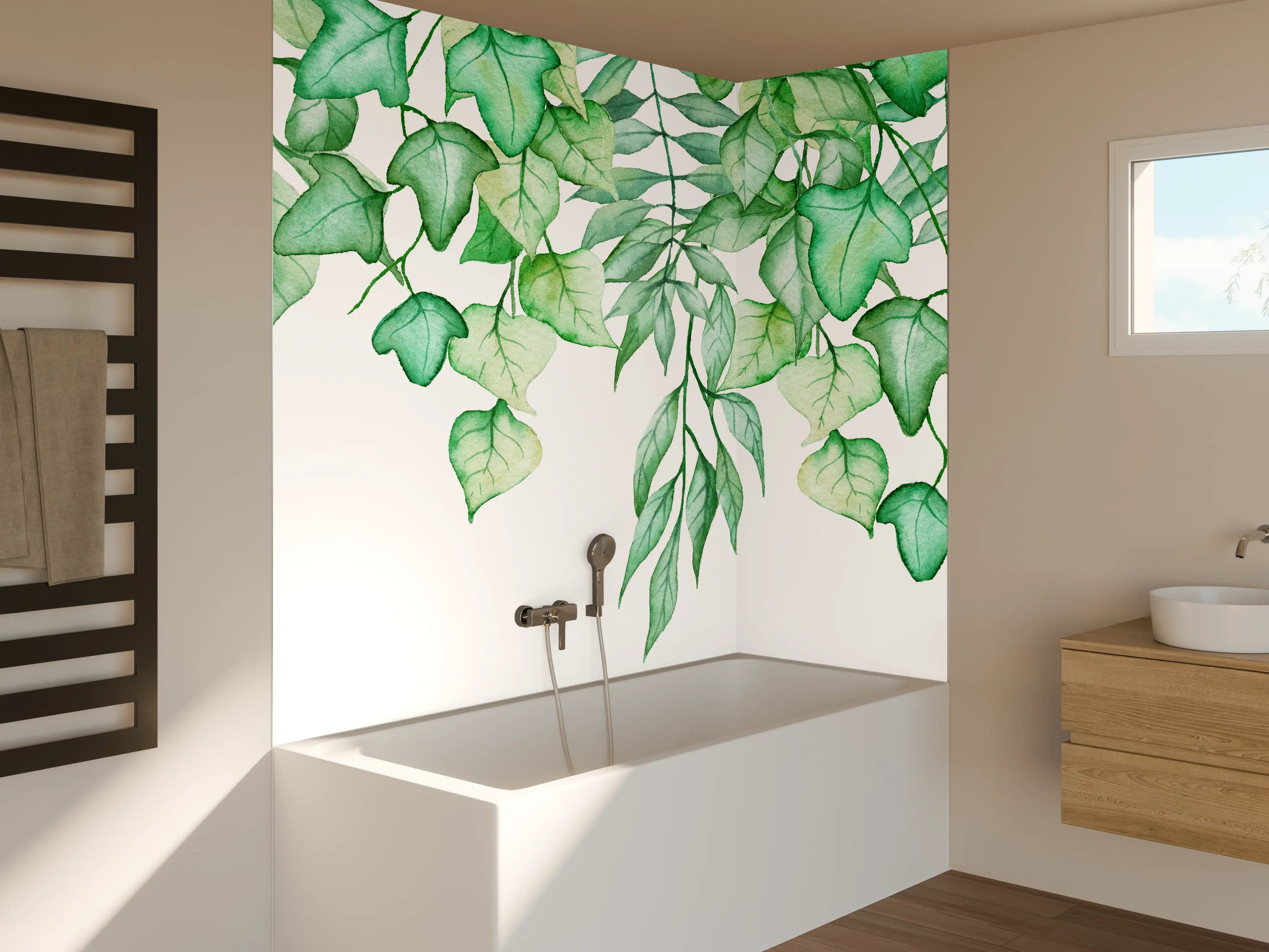 Badewannen-Rückwand - Handgezeichneten Aquarellblättern und Efeu