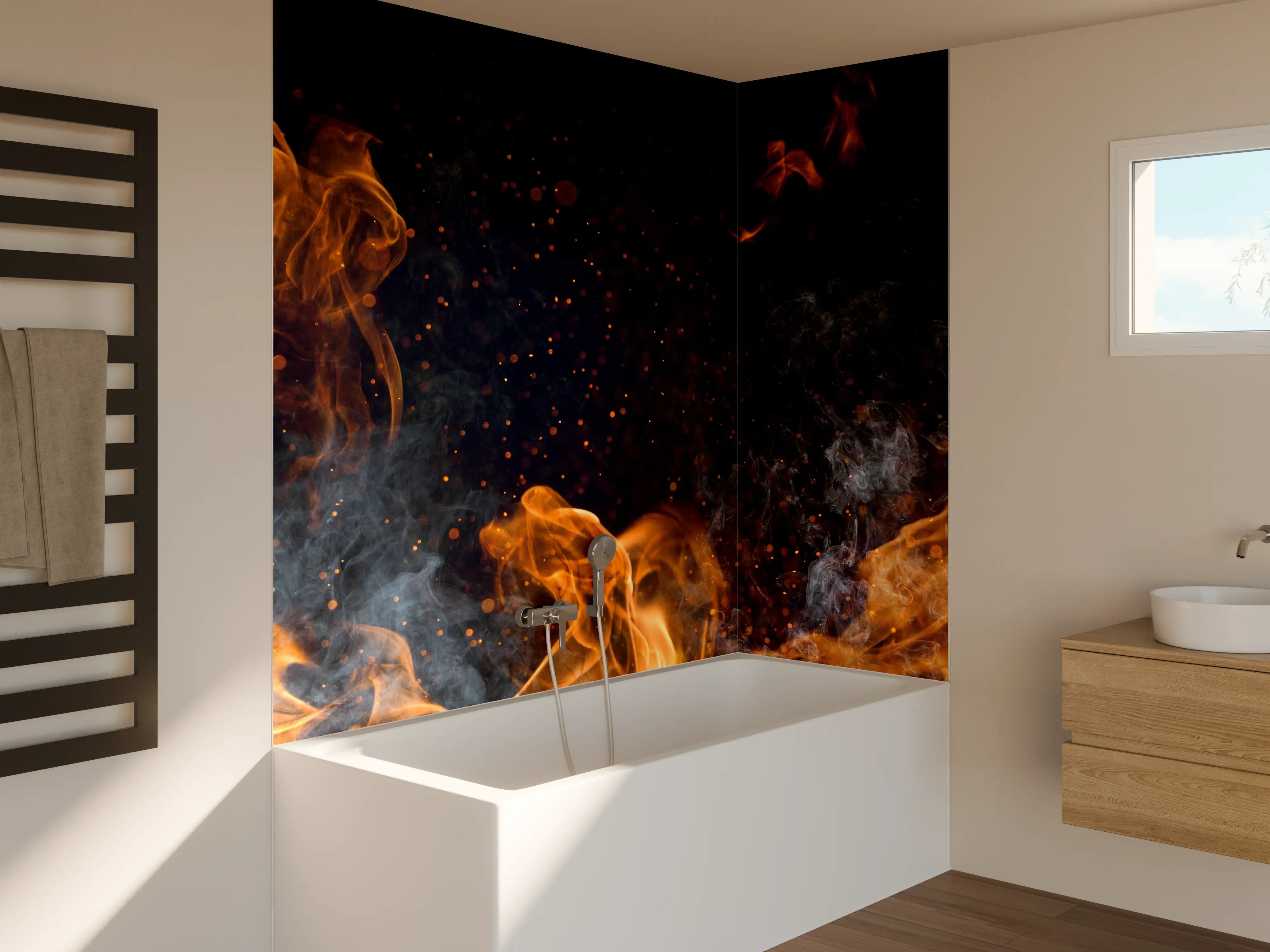 Badewannen-Rückwand - Heißes Lagerfeuer mit Rauch