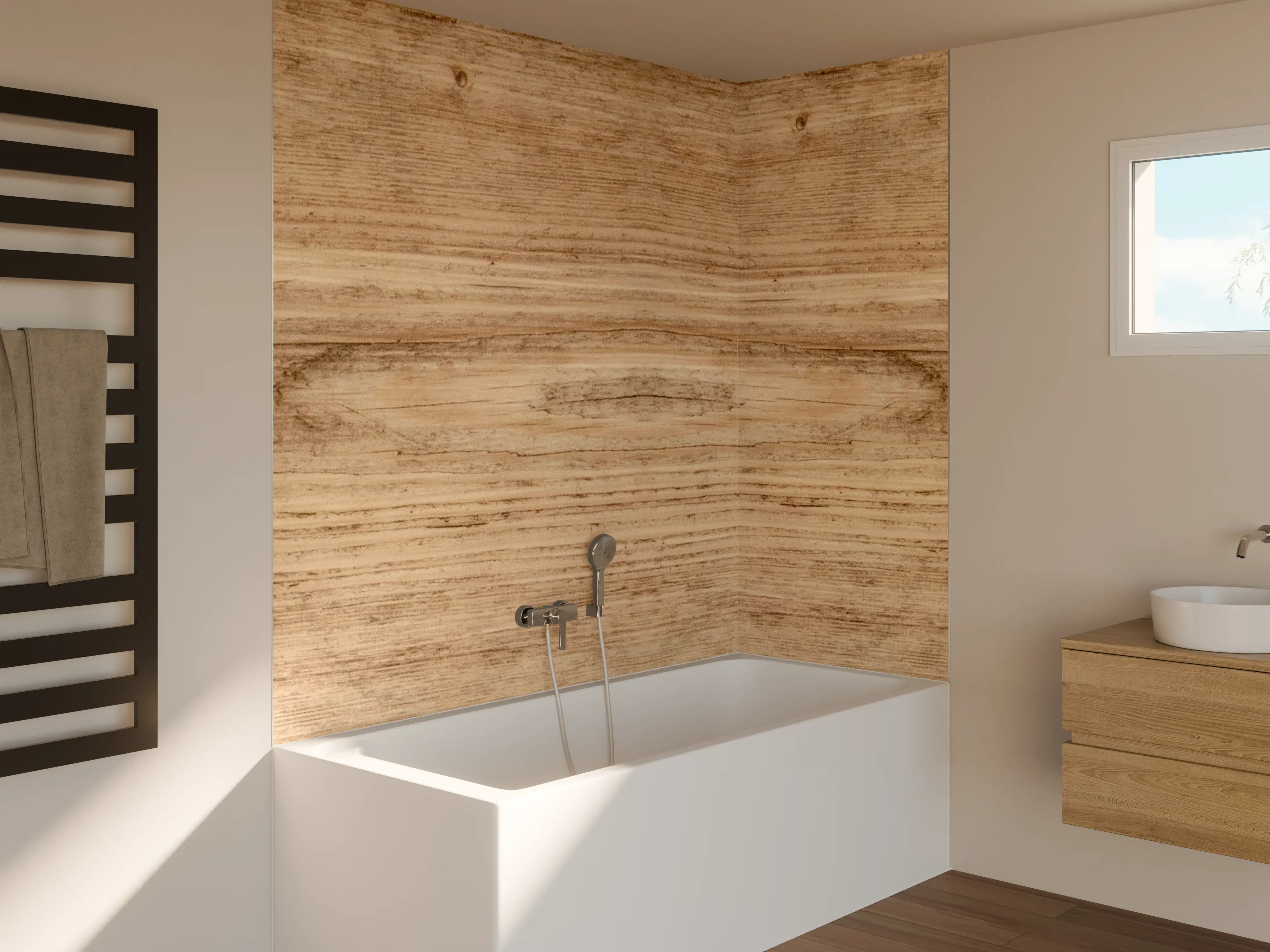 Badewannen-Rückwand - Hell-rustikale Holzplatte