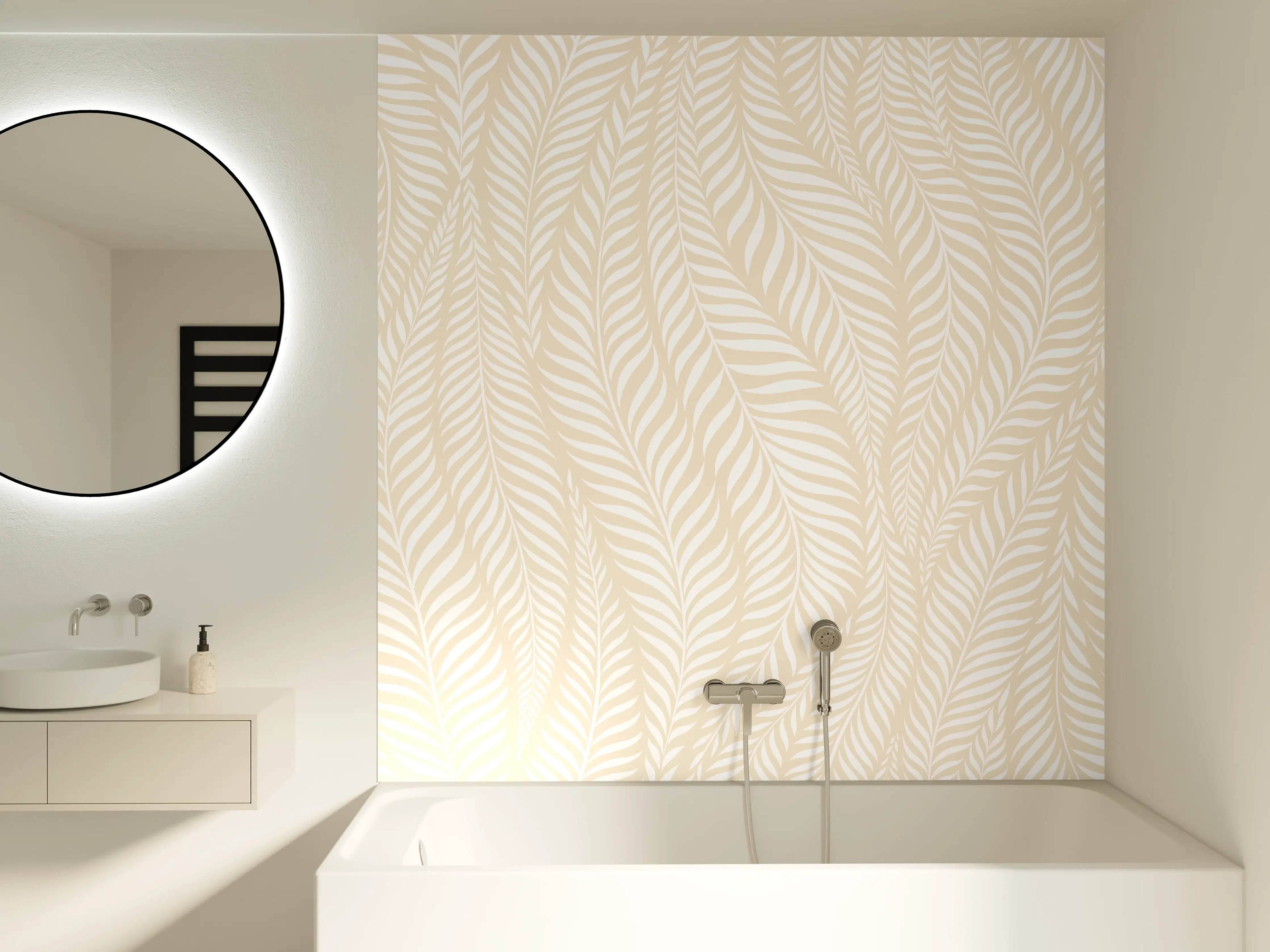 Badewannen-Rückwand - Hellbeige Tapetenmuster mit zarten Blattmotiven