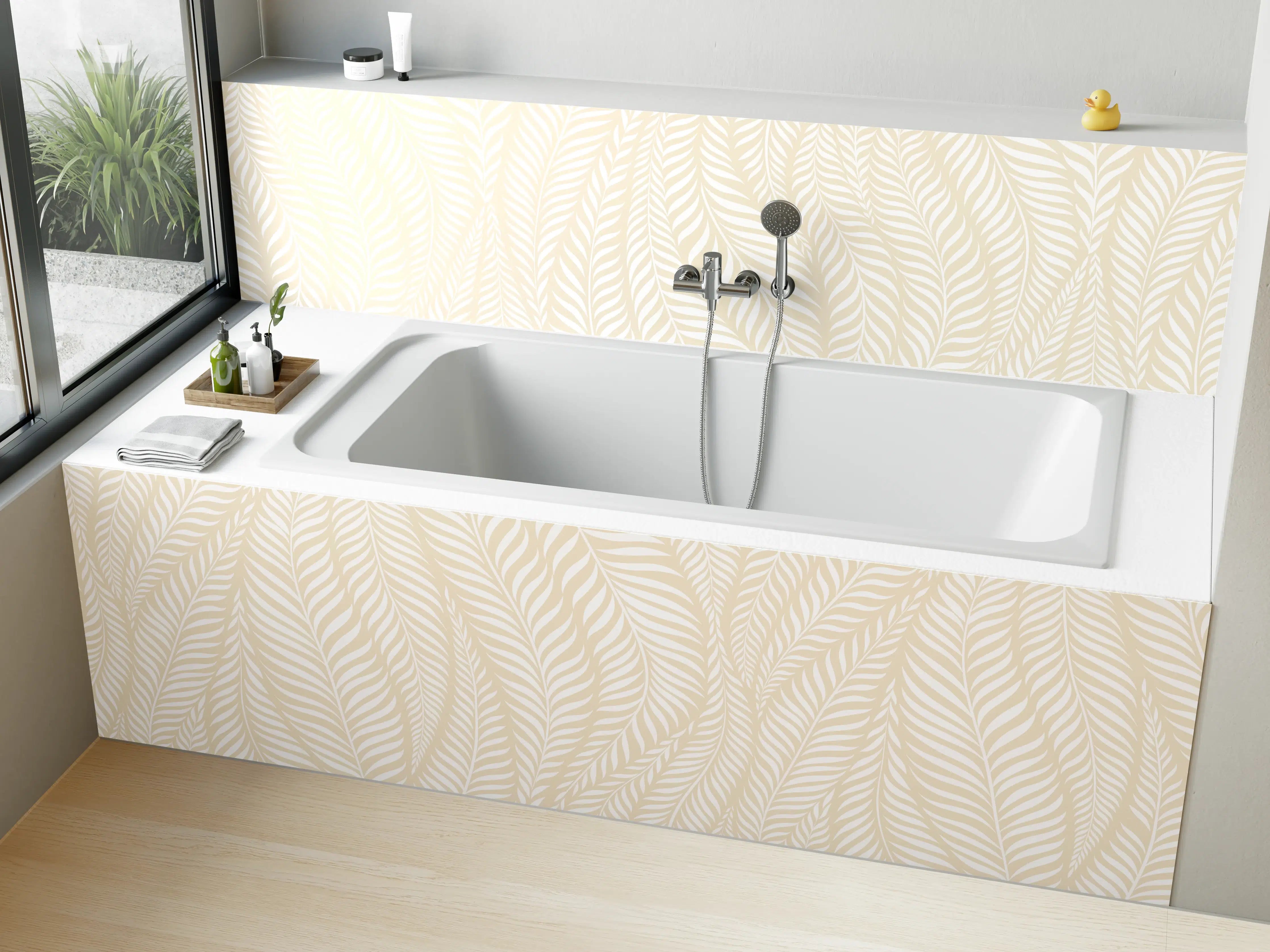 Badewannen-Rückwand - Hellbeige Tapetenmuster mit zarten Blattmotiven