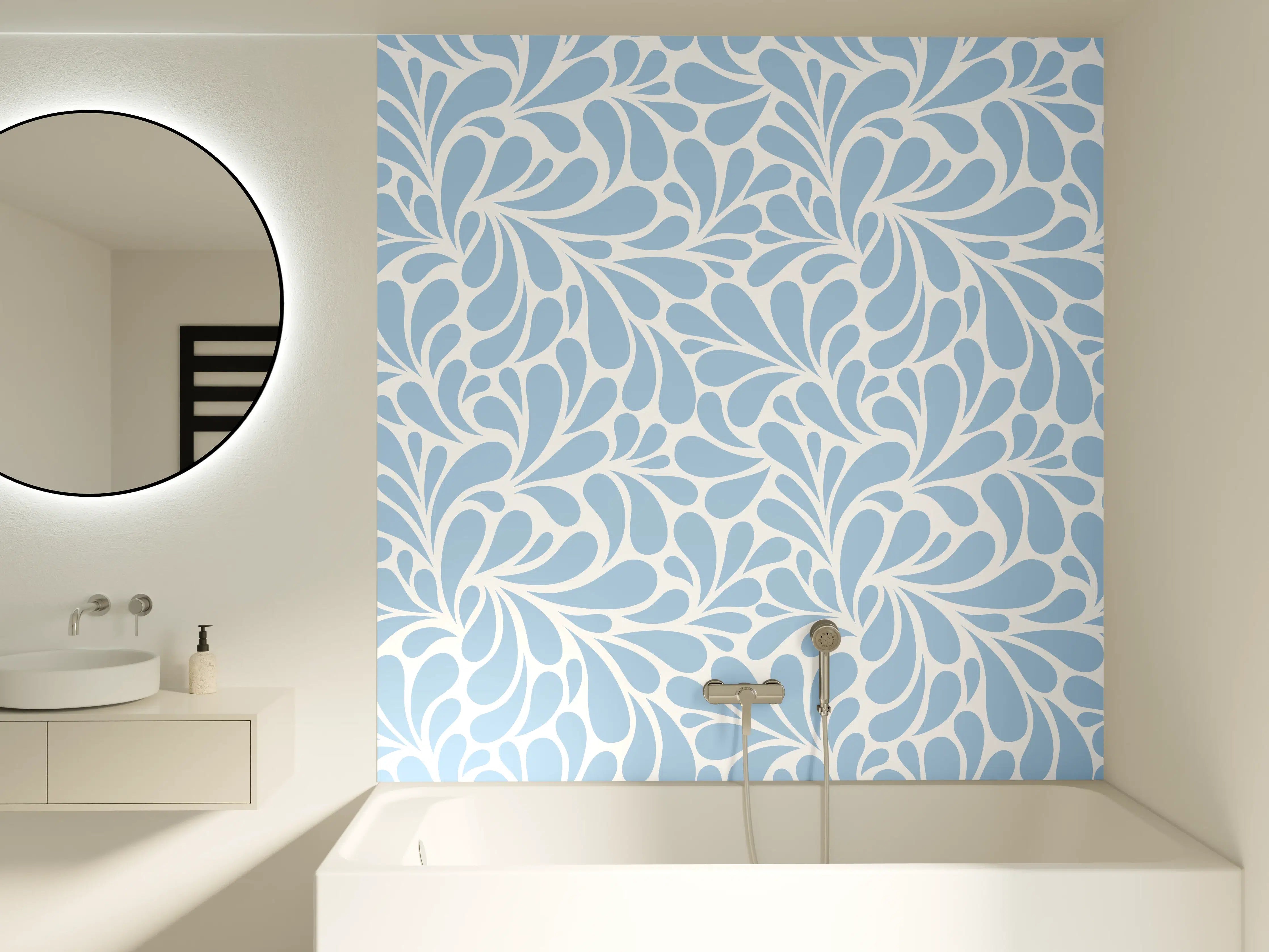 Badewannen-Rückwand - Hellblaues Floralmuster mit Blattmotiven