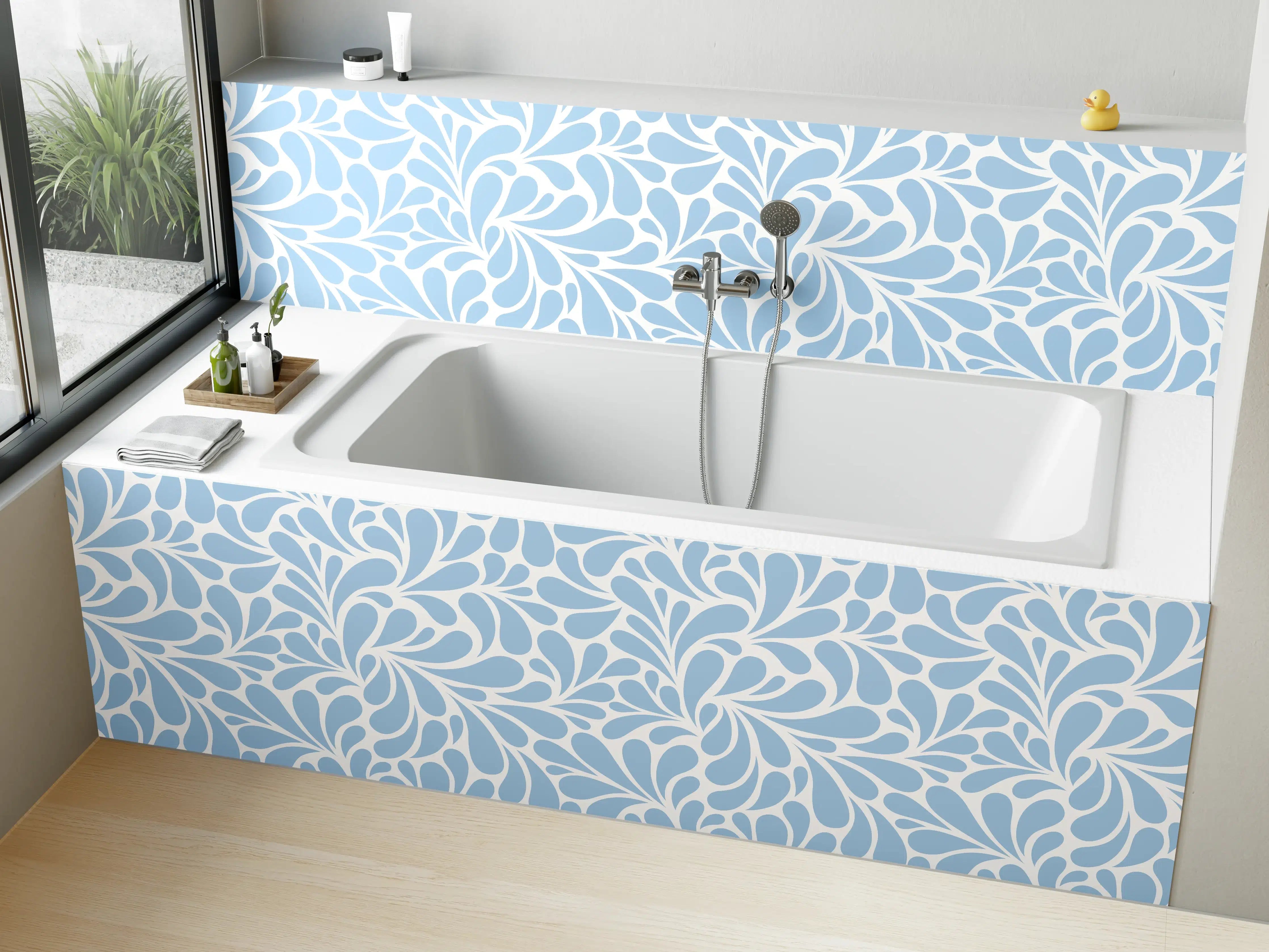 Badewannen-Rückwand - Hellblaues Floralmuster mit Blattmotiven