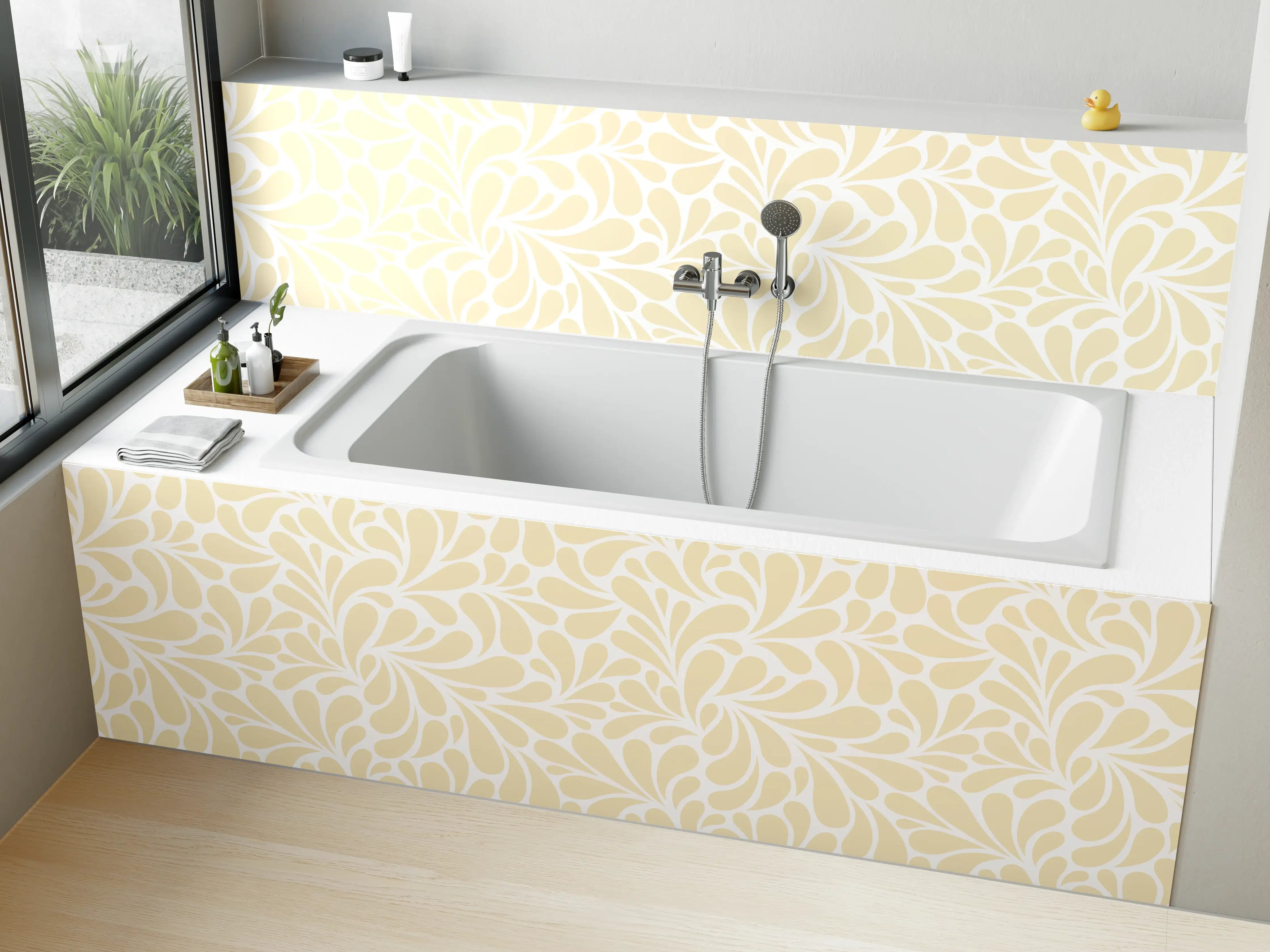 Badewannen-Rückwand - Helle Blattmuster in Beige und Weiß
